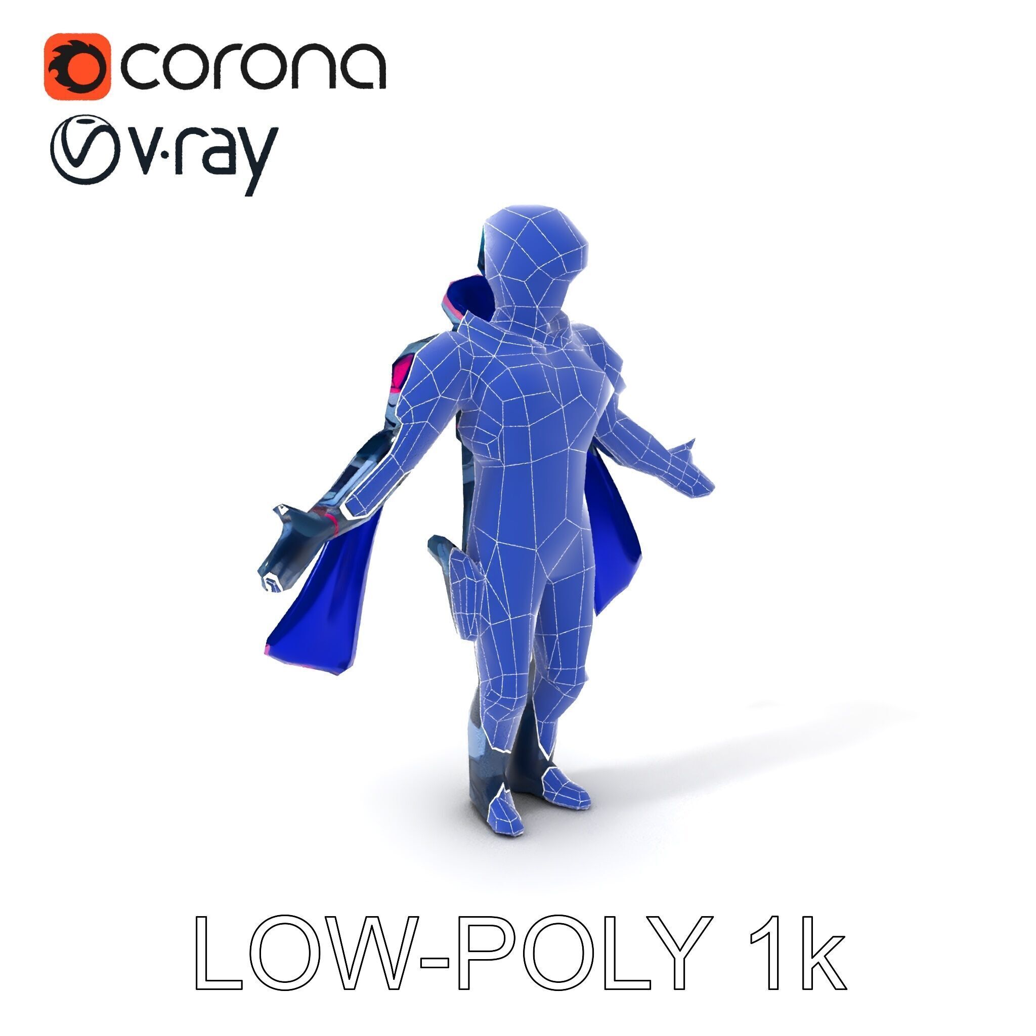 Cyber Knight Ultra HighTech Armor with Blue Cape and Visor Low-poly 3D model_9