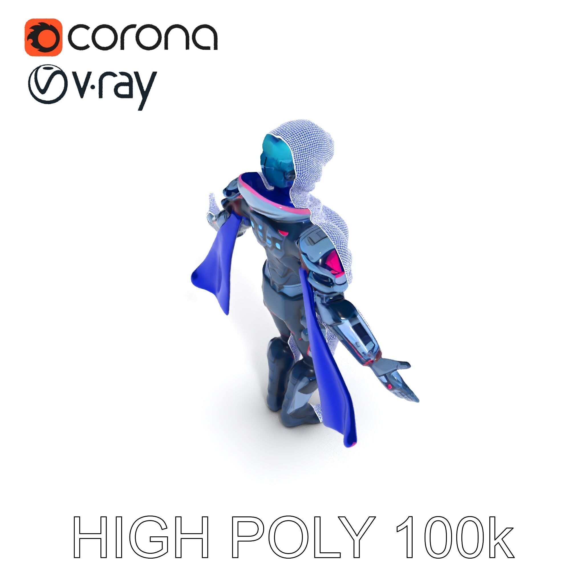 Cyber Knight Ultra HighTech Armor with Blue Cape and Visor Low-poly 3D model_13