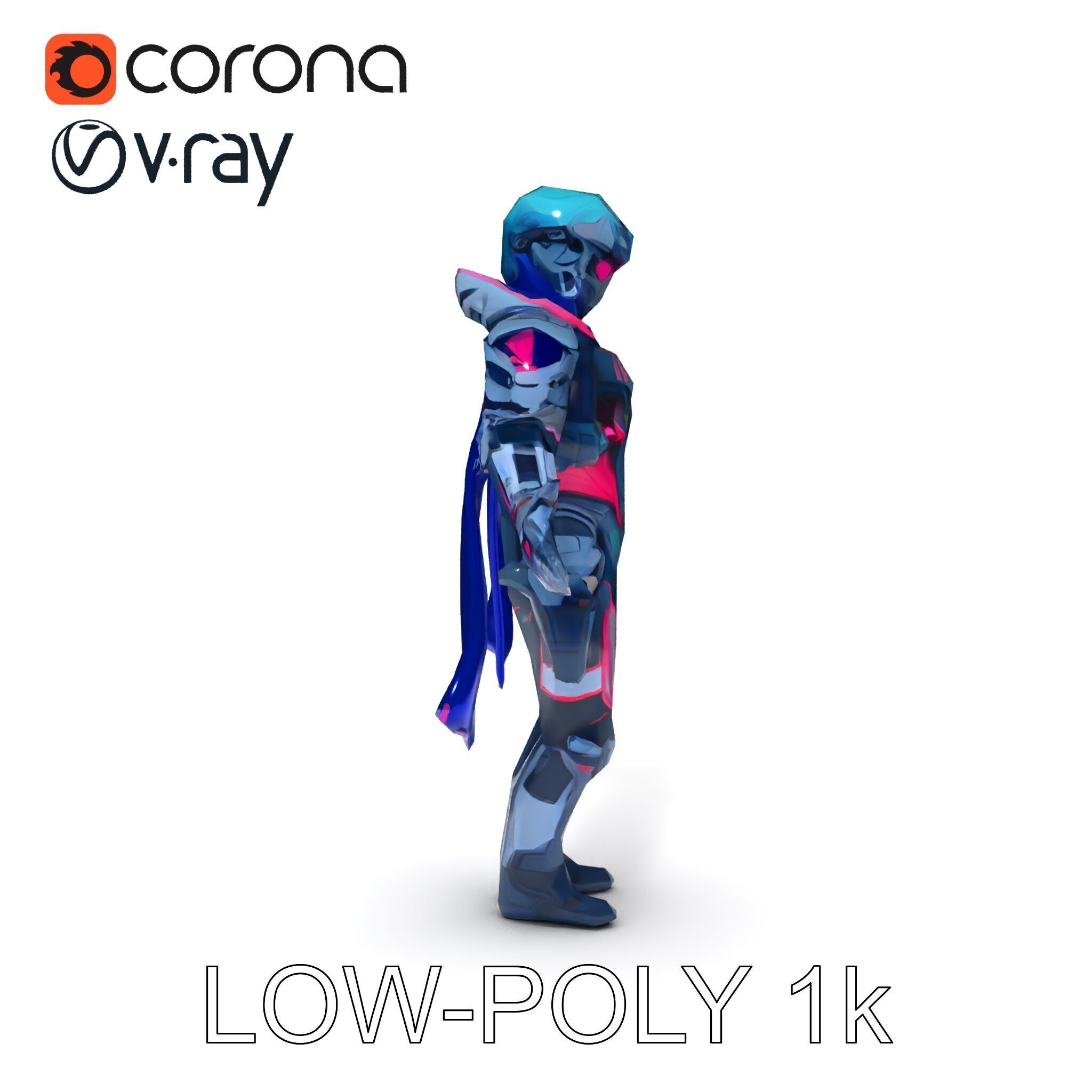 Cyber Knight Ultra HighTech Armor with Blue Cape and Visor Low-poly 3D model_27