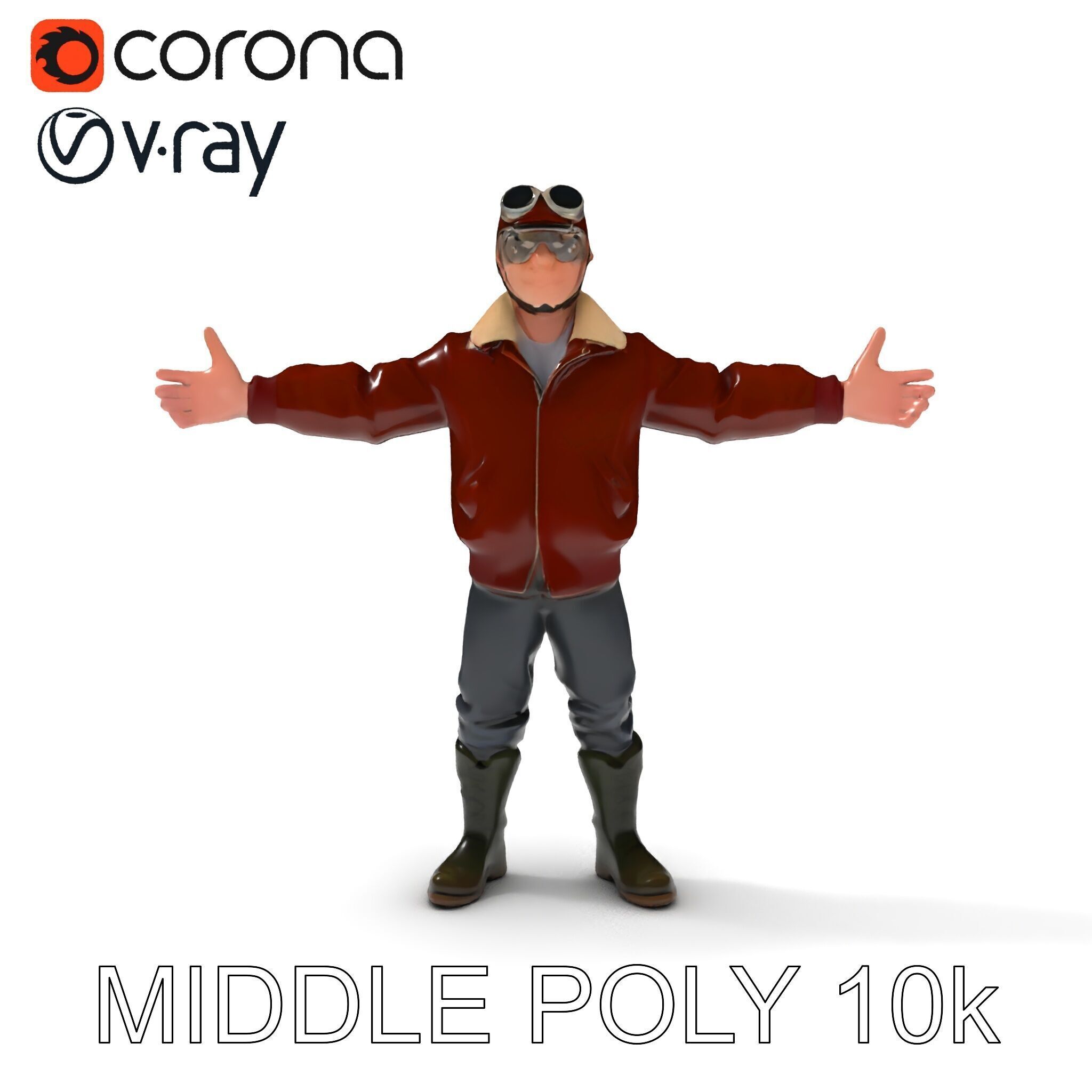 Pilot Character Model with Leather Jacket and Goggles Low-poly 3D model_6
