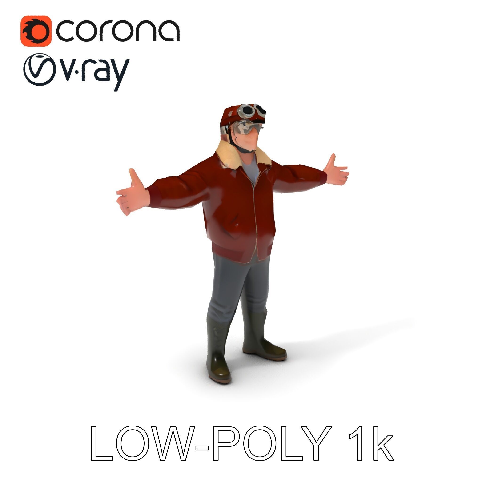 Pilot Character Model with Leather Jacket and Goggles Low-poly 3D model_30