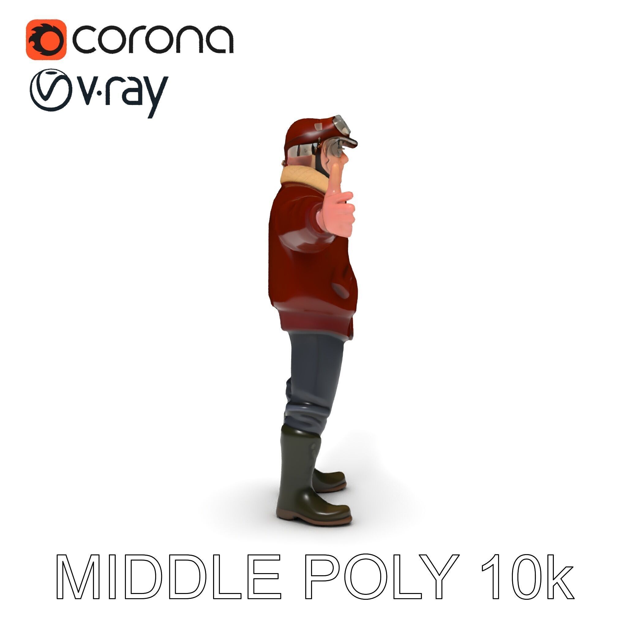 Pilot Character Model with Leather Jacket and Goggles Low-poly 3D model_18