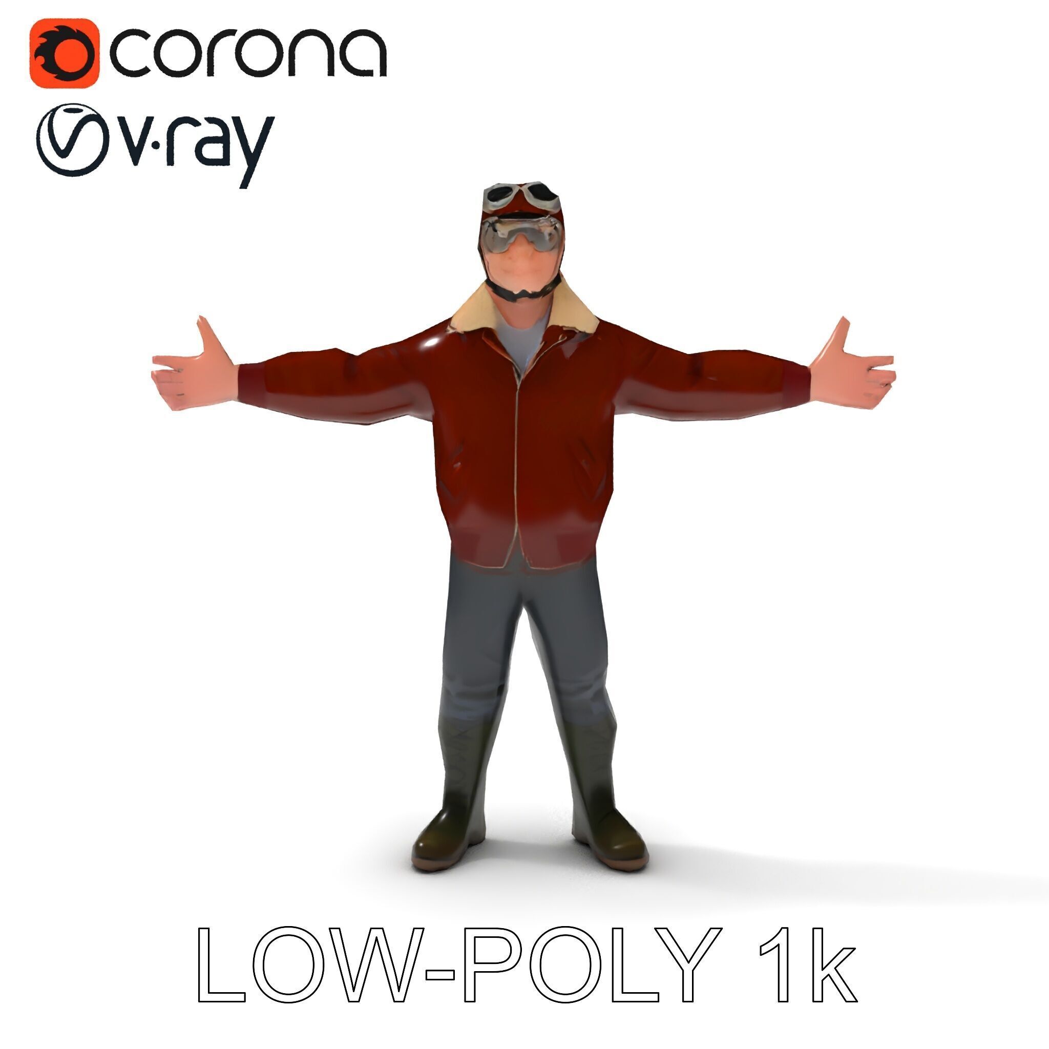 Pilot Character Model with Leather Jacket and Goggles Low-poly 3D model_22