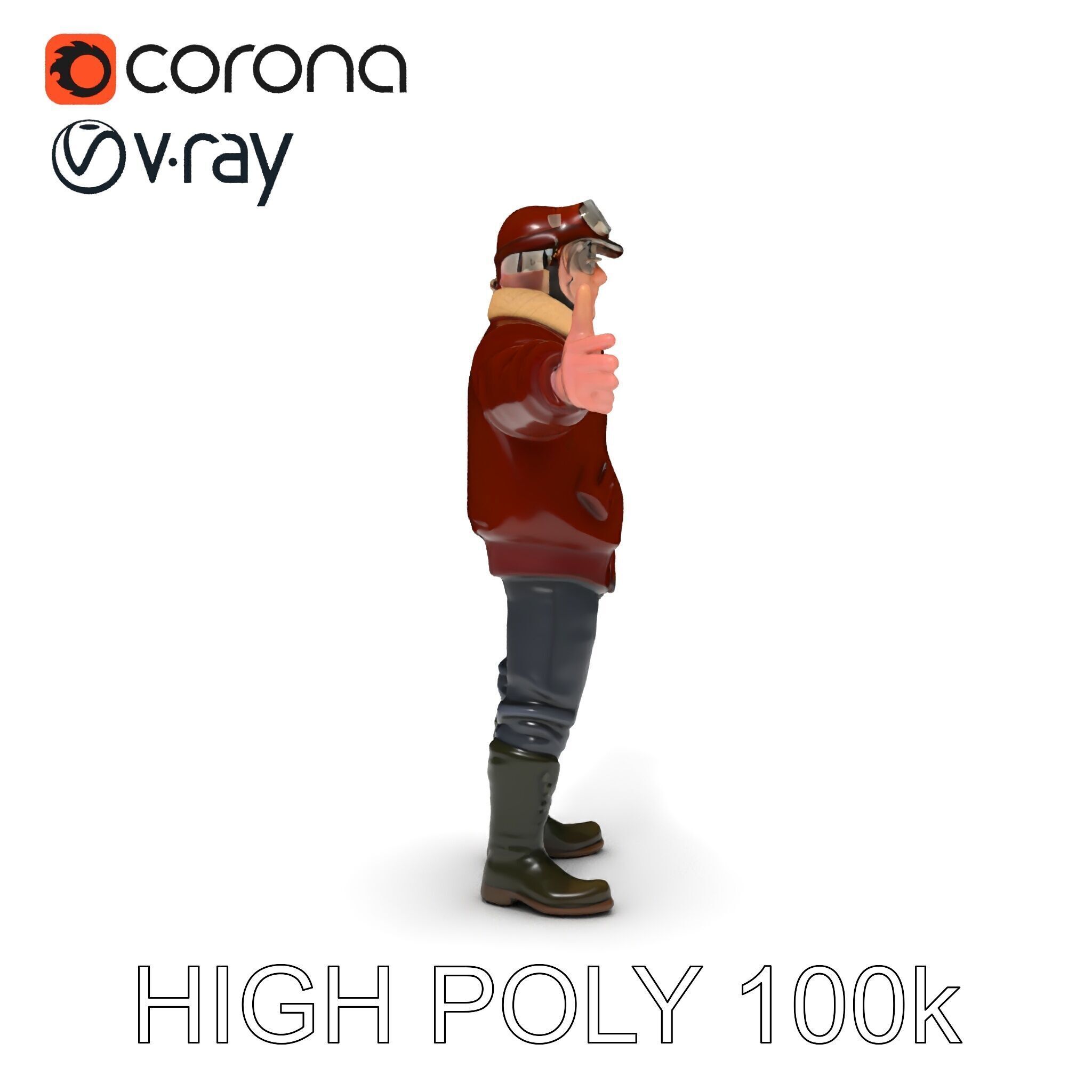 Pilot Character Model with Leather Jacket and Goggles Low-poly 3D model_20