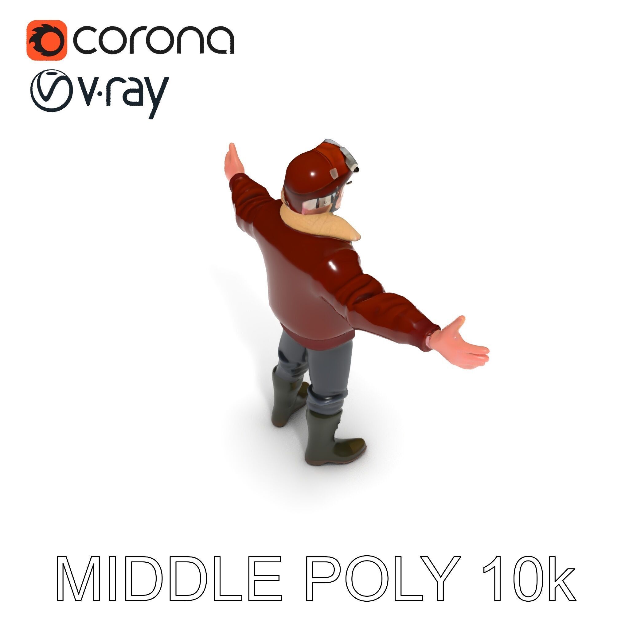 Pilot Character Model with Leather Jacket and Goggles Low-poly 3D model_21