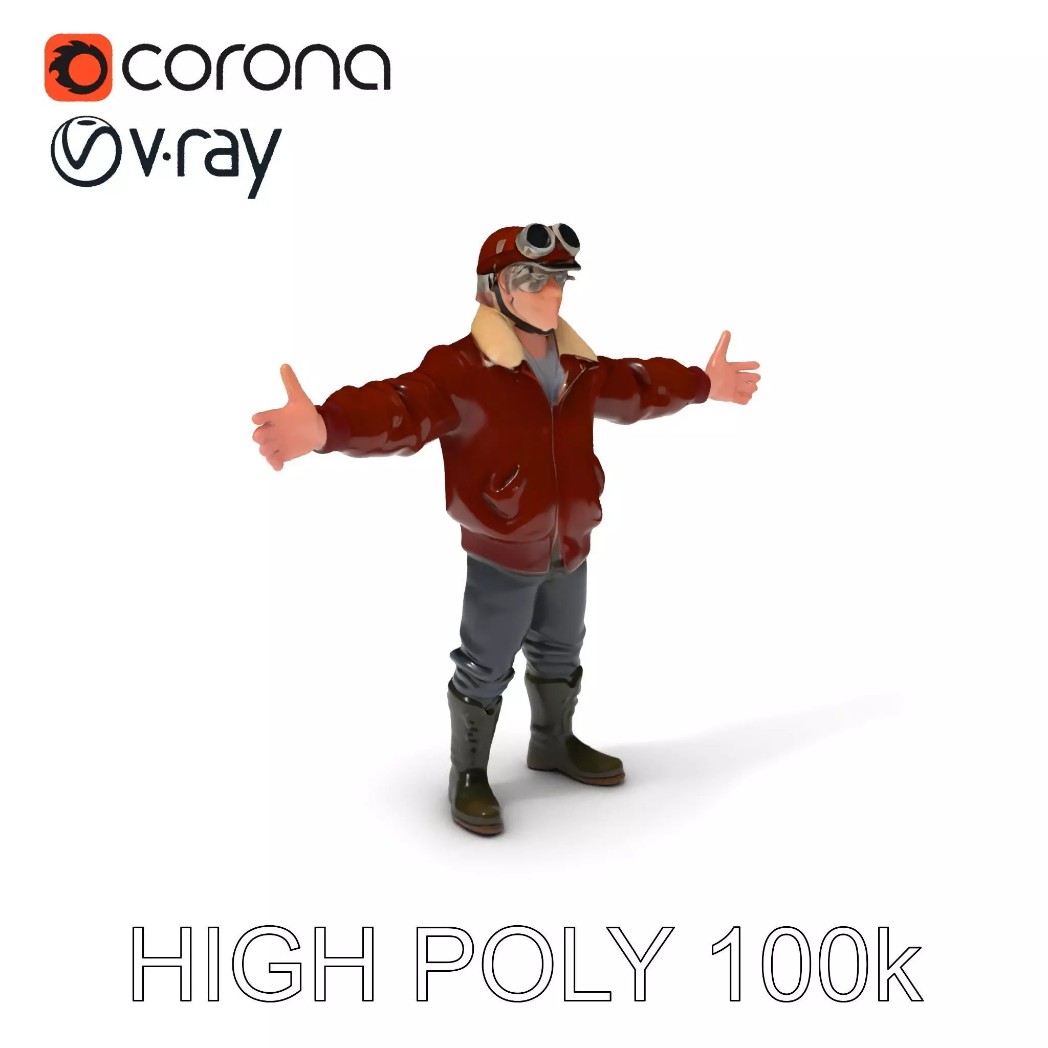 Pilot Character Model with Leather Jacket and Goggles Low-poly 3D model_0
