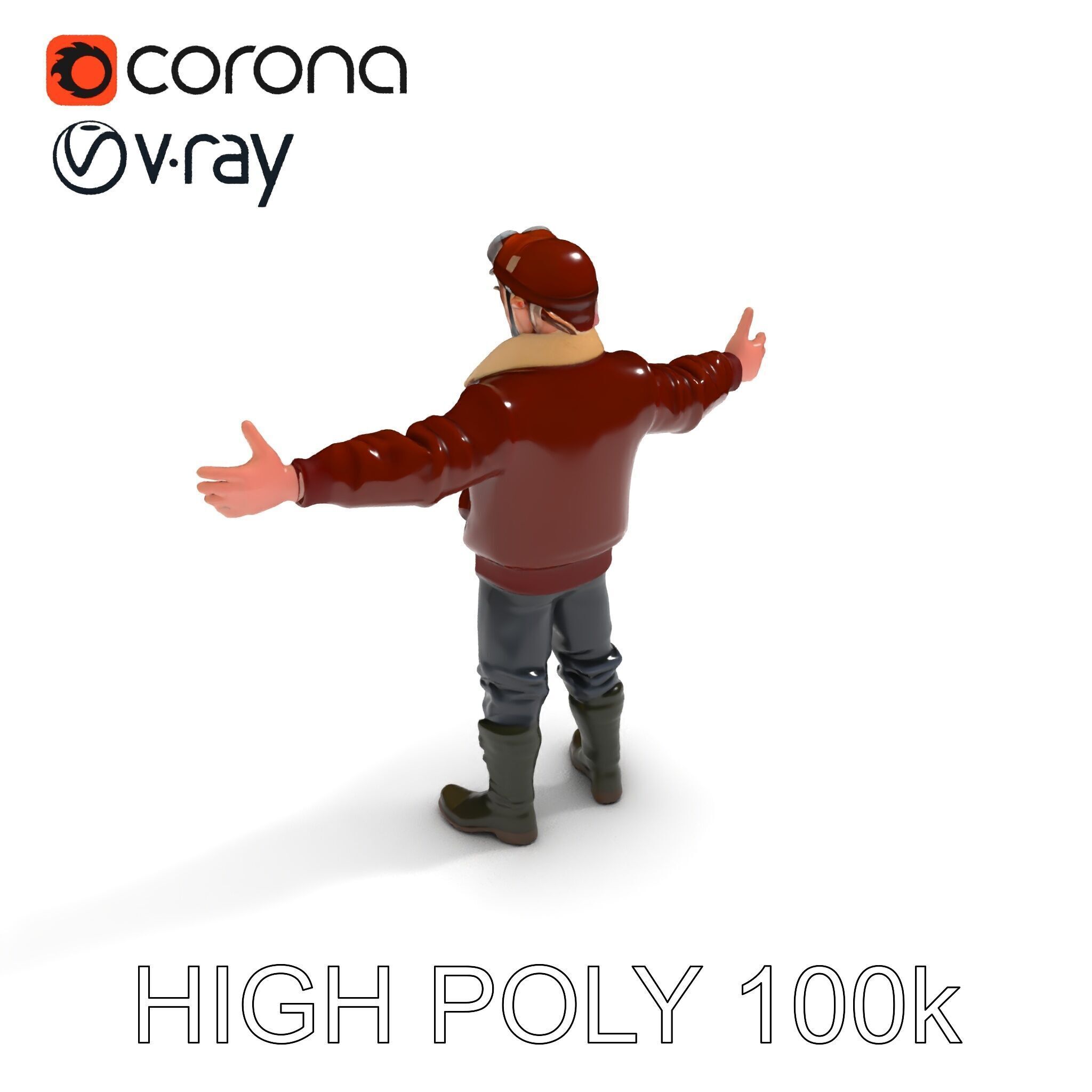 Pilot Character Model with Leather Jacket and Goggles Low-poly 3D model_36