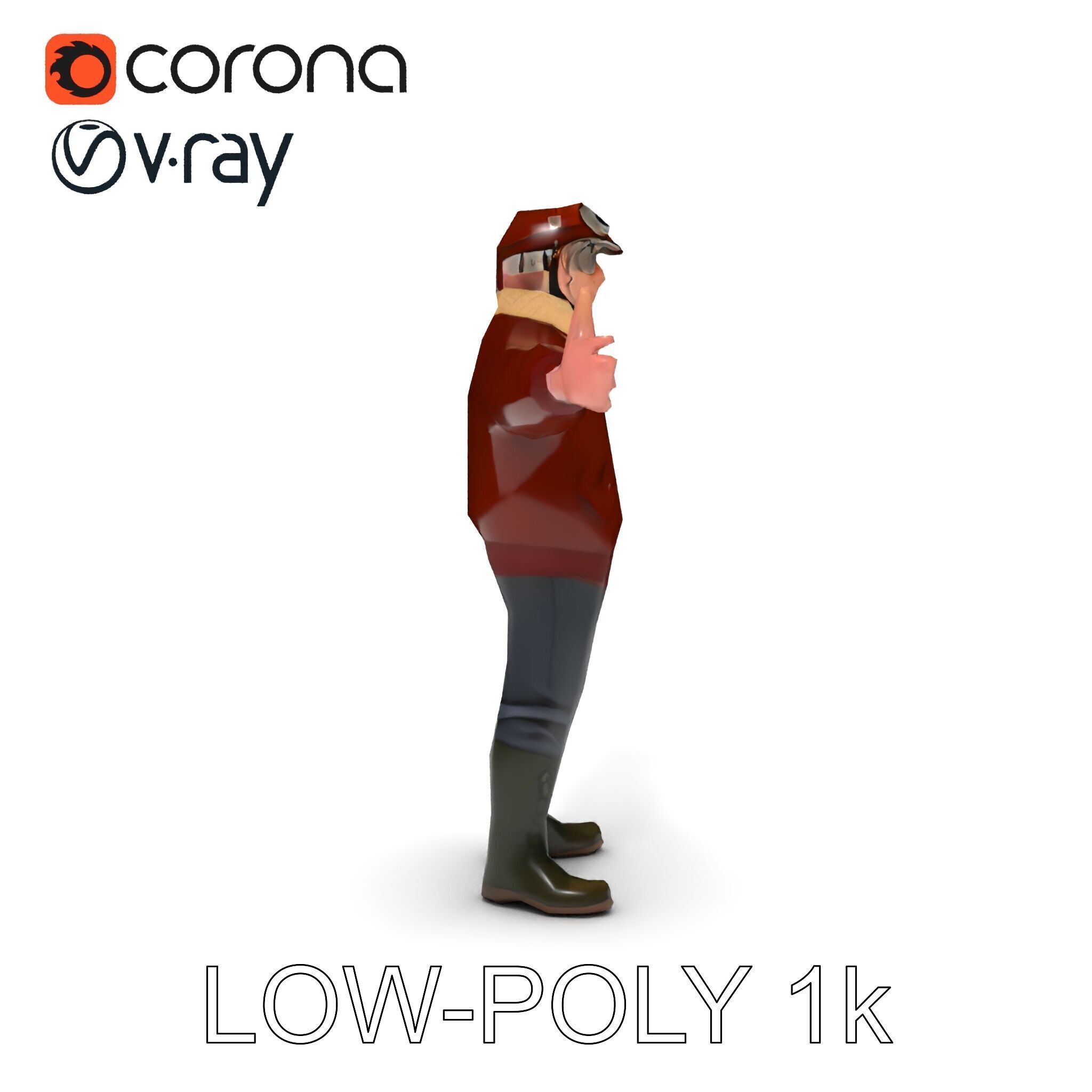 Pilot Character Model with Leather Jacket and Goggles Low-poly 3D model_33