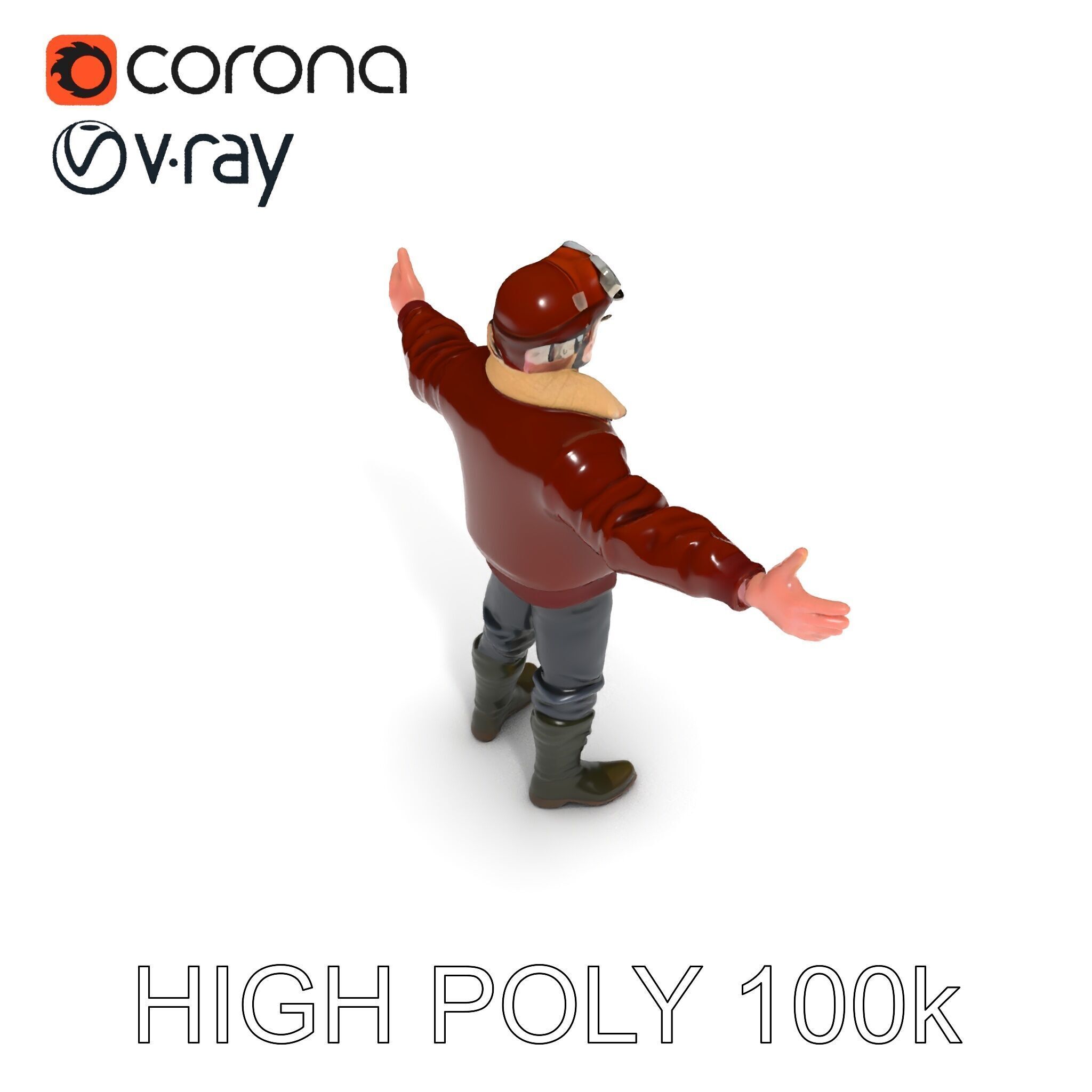 Pilot Character Model with Leather Jacket and Goggles Low-poly 3D model_23