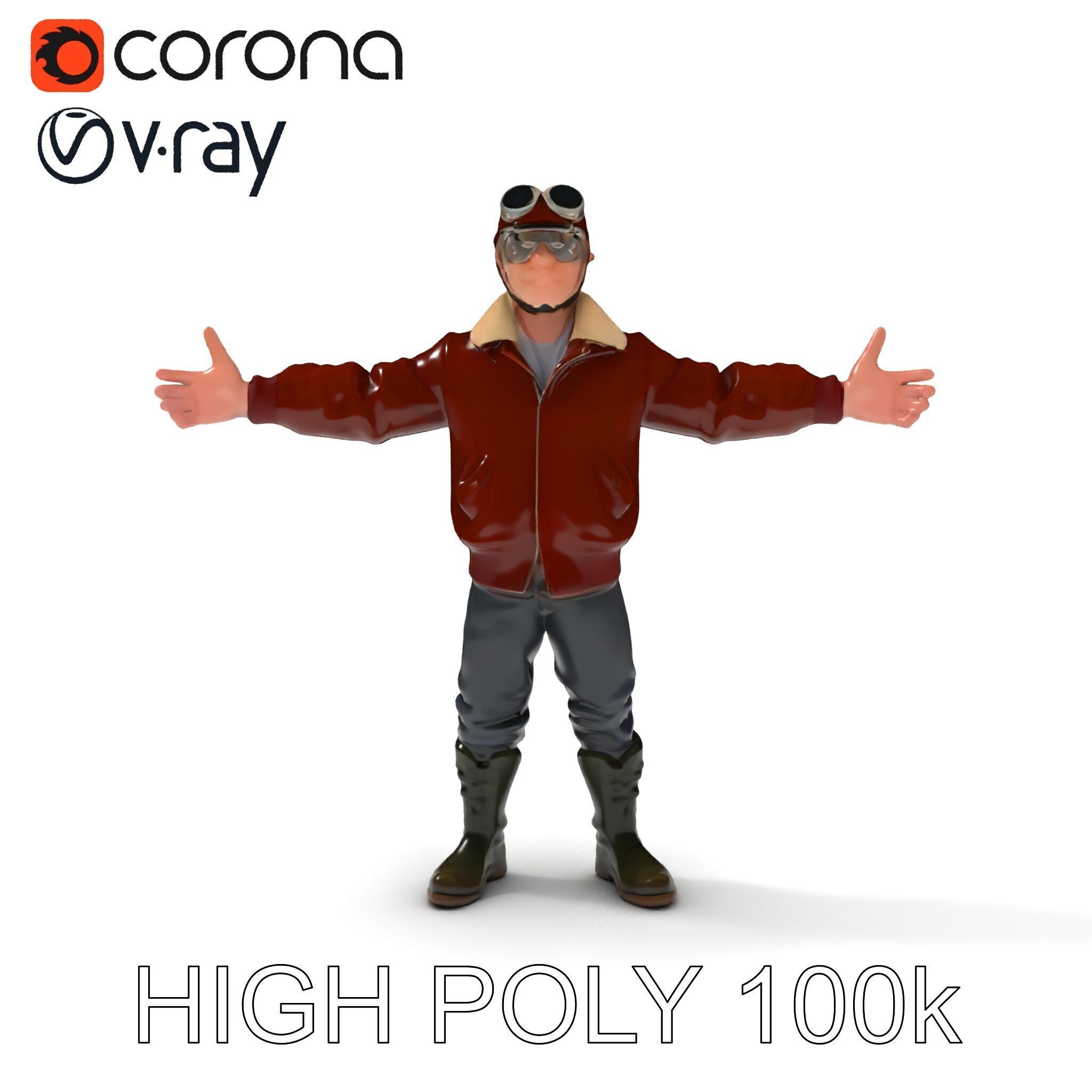 Pilot Character Model with Leather Jacket and Goggles Low-poly 3D model_8