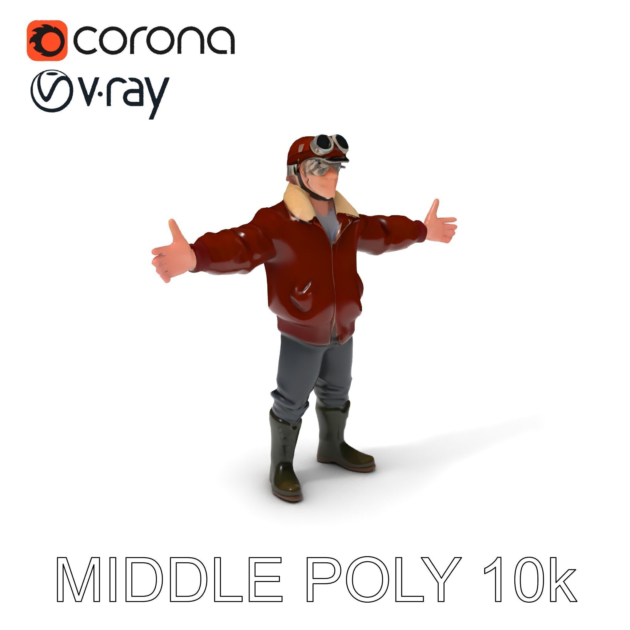 Pilot Character Model with Leather Jacket and Goggles Low-poly 3D model_32