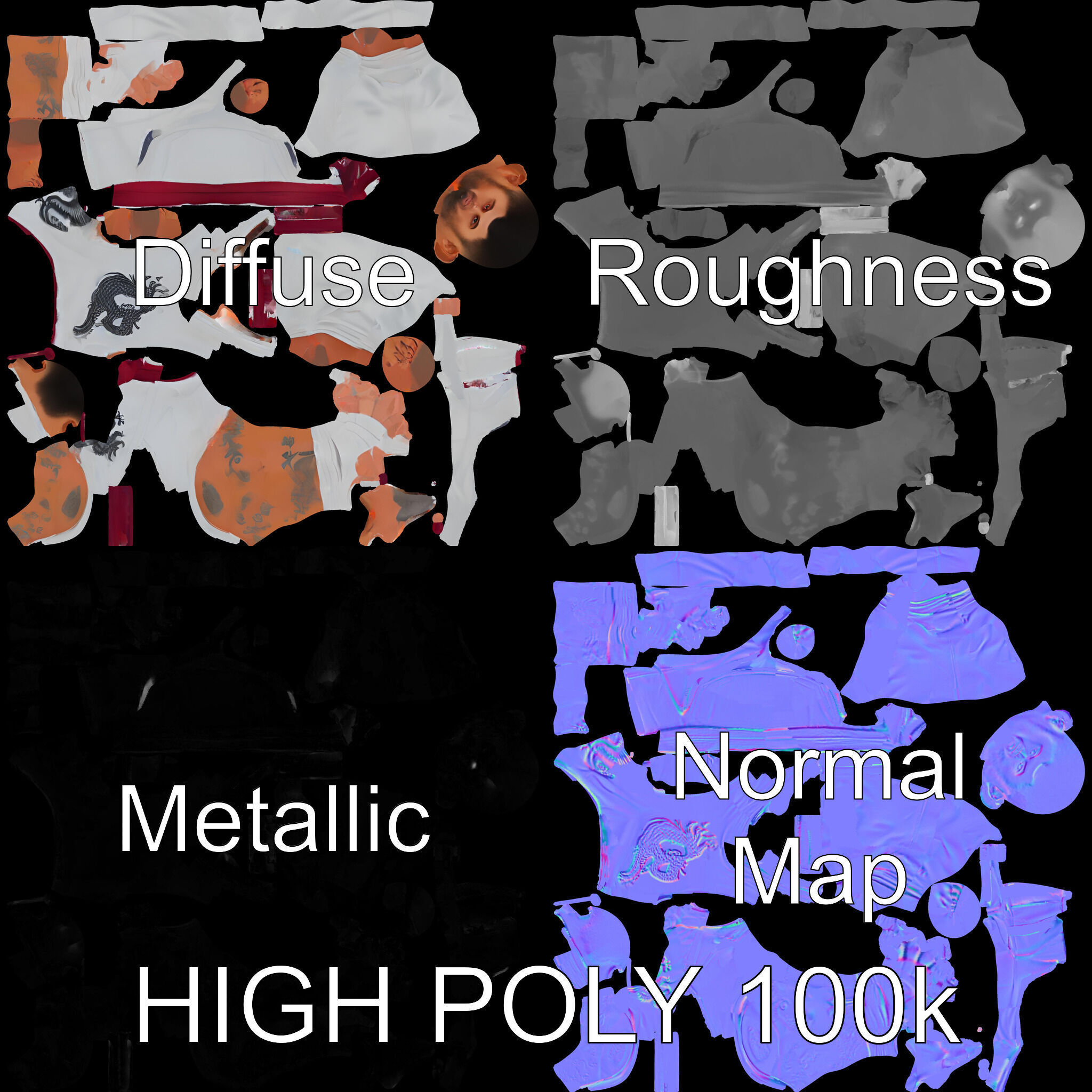 Martial Artist Fighter Character D Model with Dragon Tattoo Low-poly 3D model_2