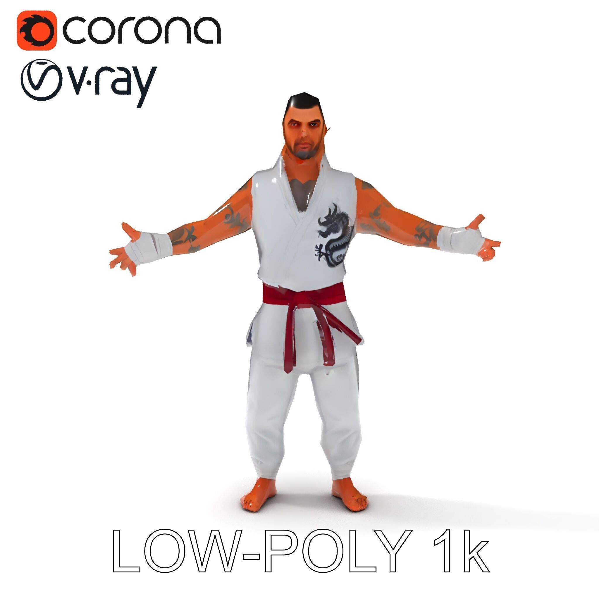 Martial Artist Fighter Character D Model with Dragon Tattoo Low-poly 3D model_22