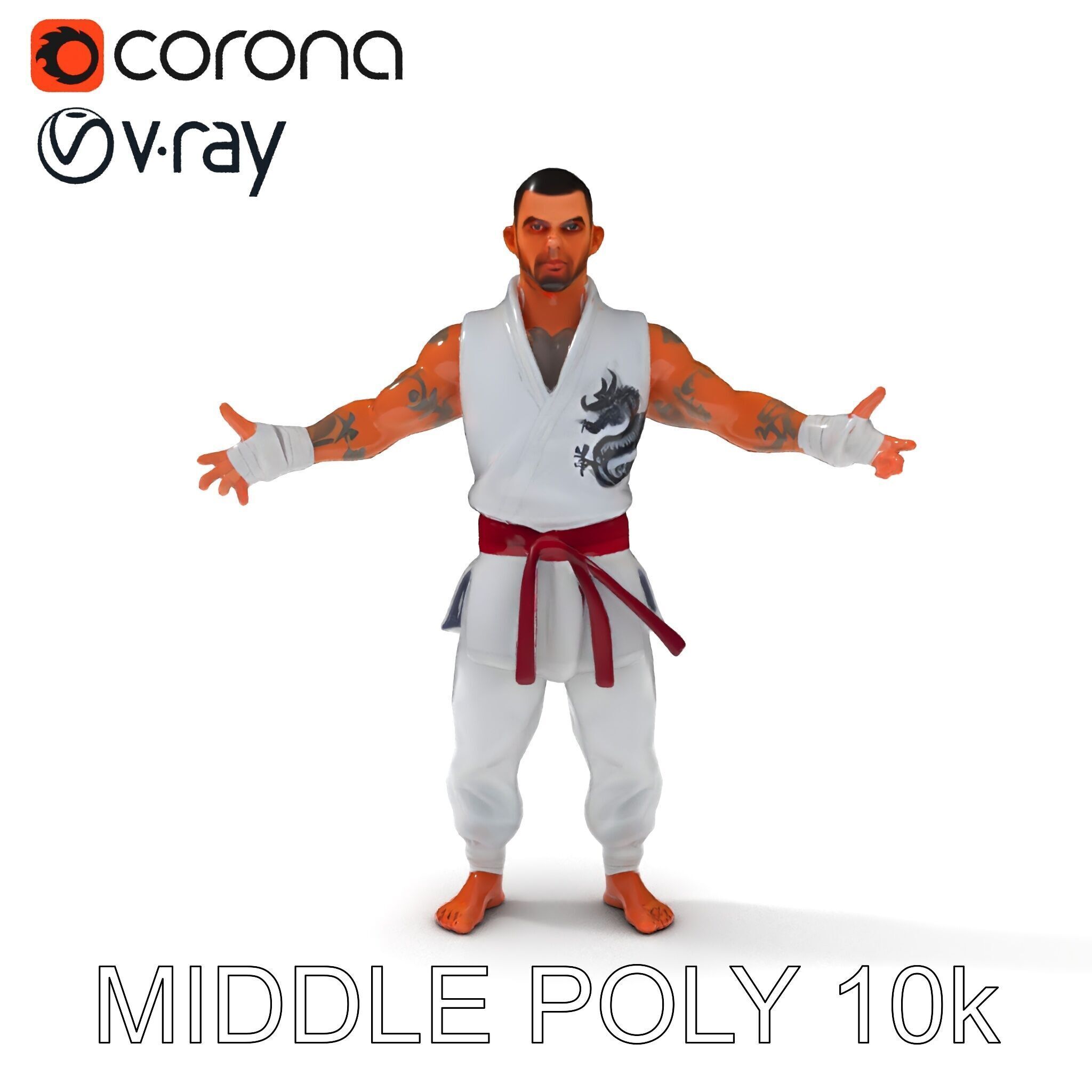 Martial Artist Fighter Character D Model with Dragon Tattoo Low-poly 3D model_16