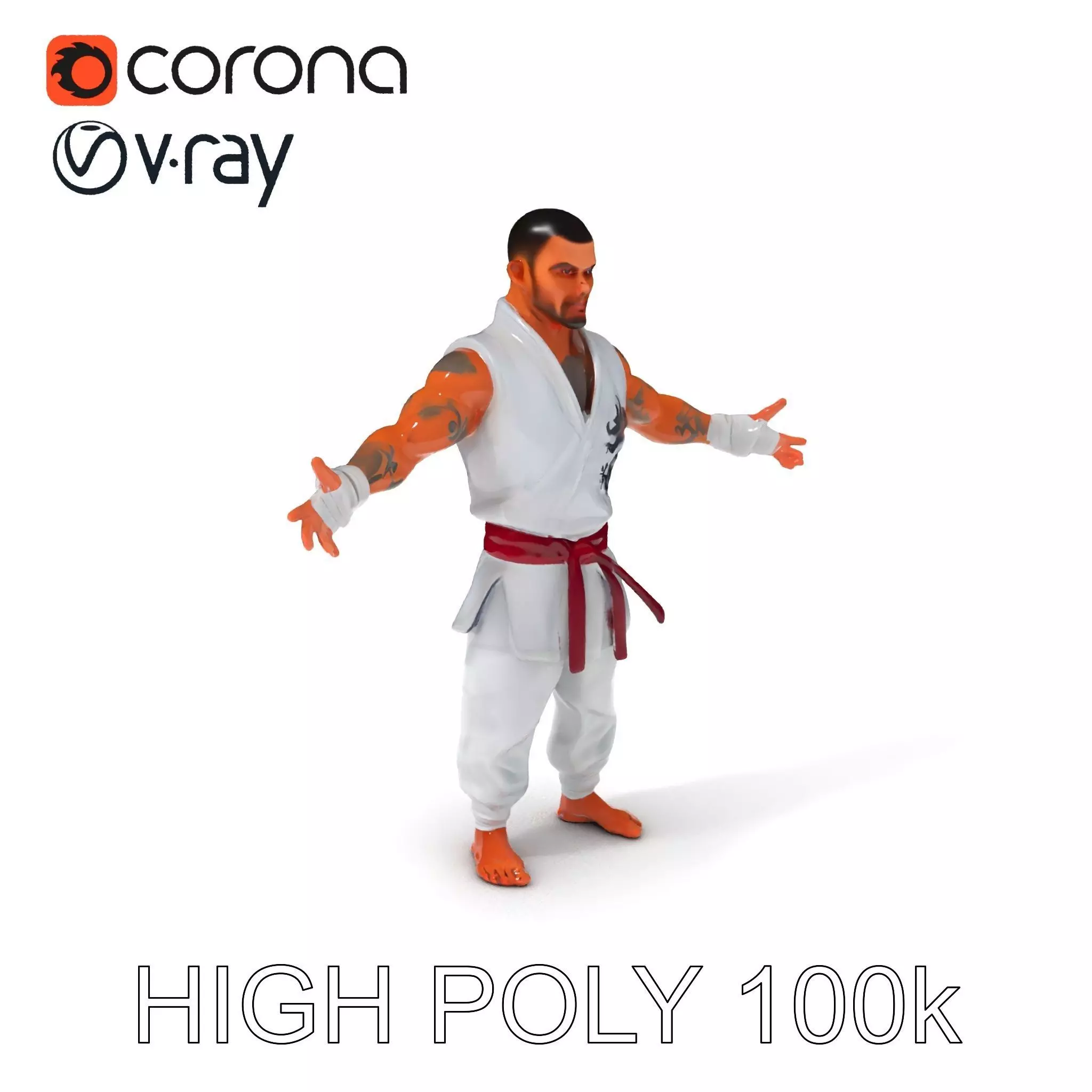 Martial Artist Fighter Character D Model with Dragon Tattoo Low-poly 3D model_0