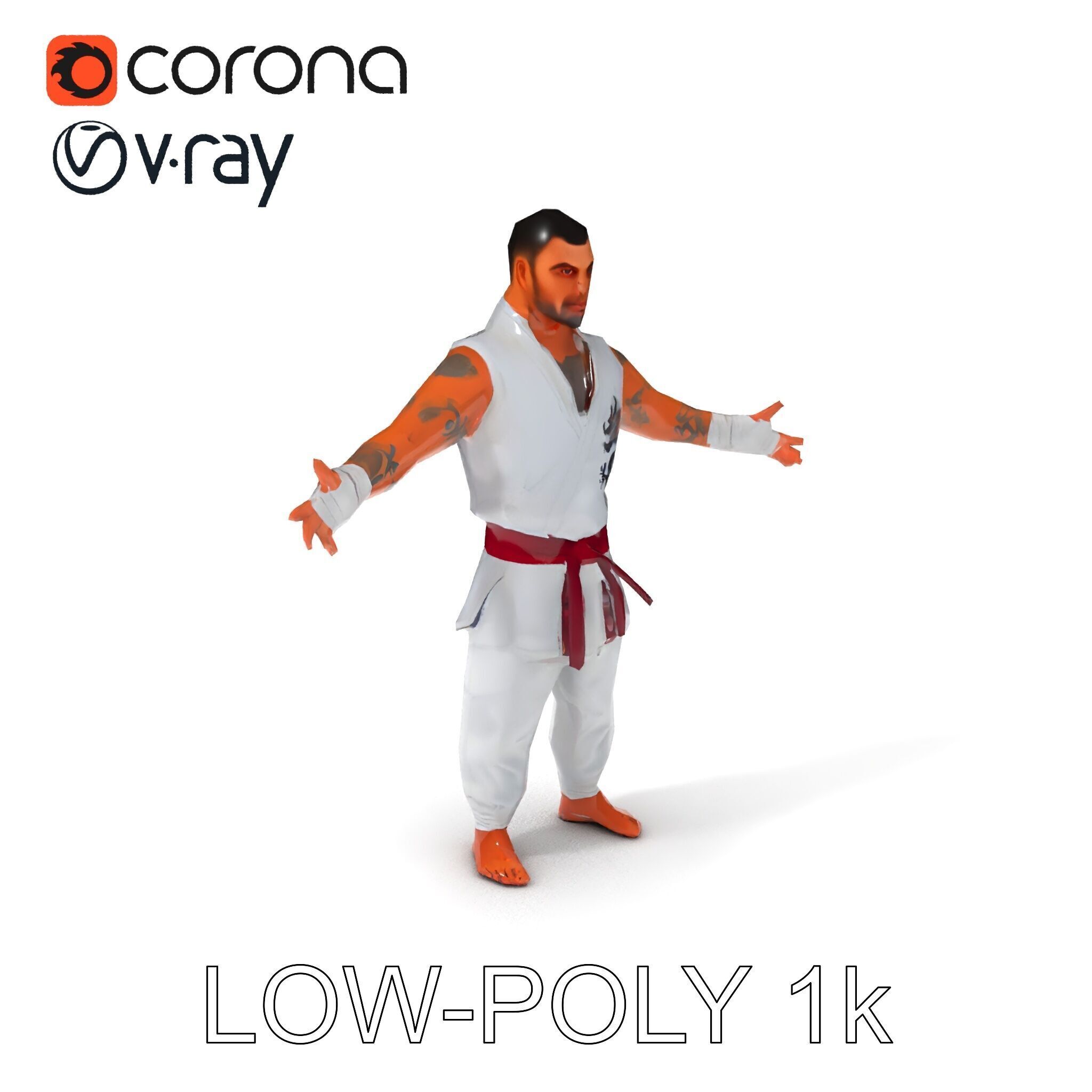 Martial Artist Fighter Character D Model with Dragon Tattoo Low-poly 3D model_25