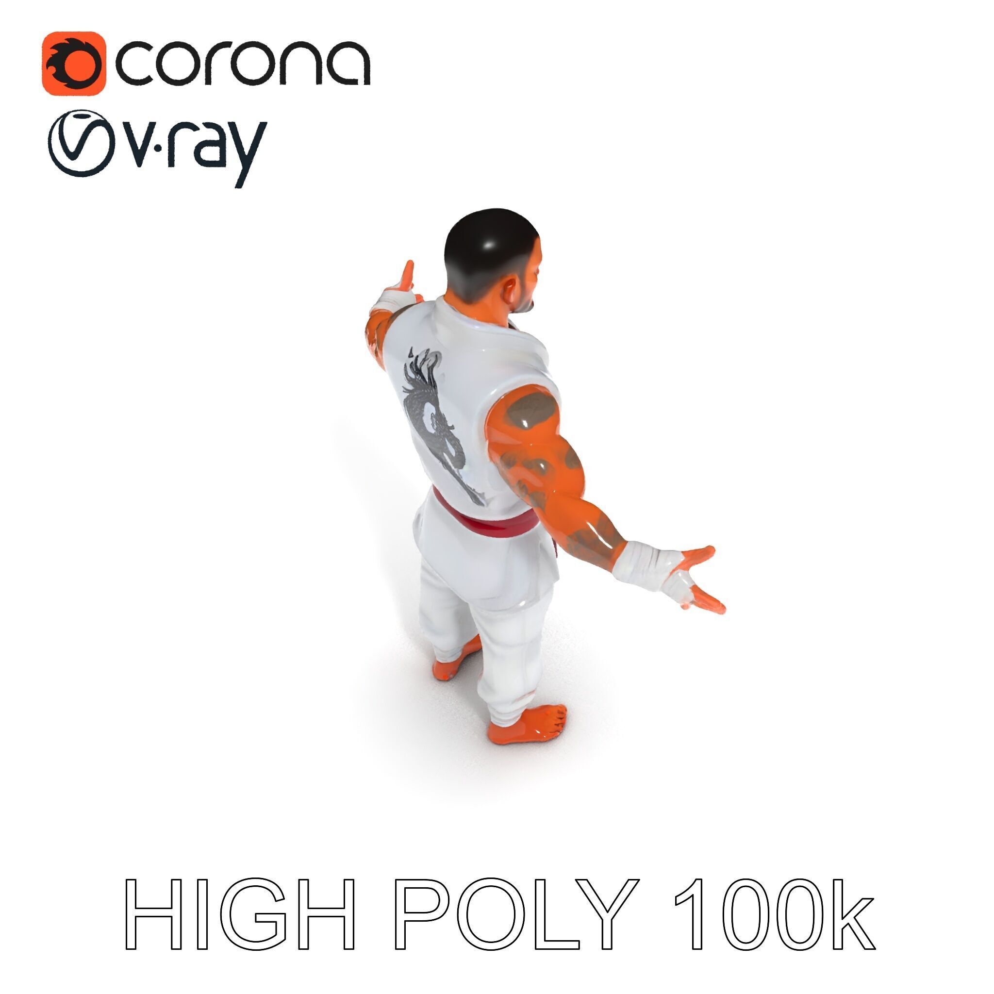 Martial Artist Fighter Character D Model with Dragon Tattoo Low-poly 3D model_23