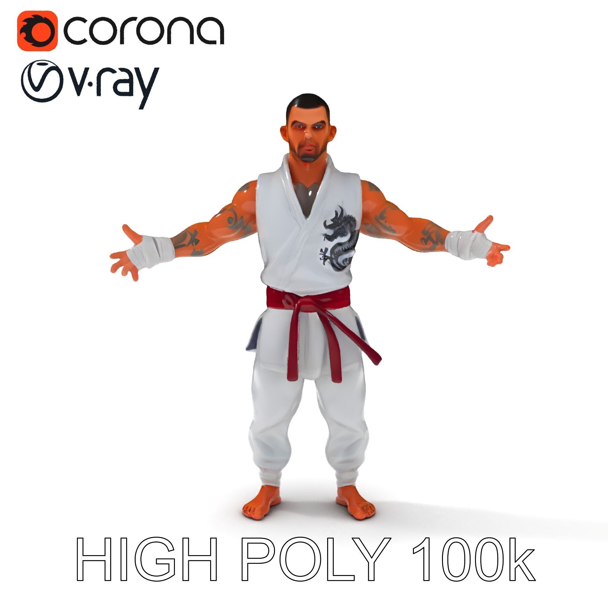 Martial Artist Fighter Character D Model with Dragon Tattoo Low-poly 3D model_29