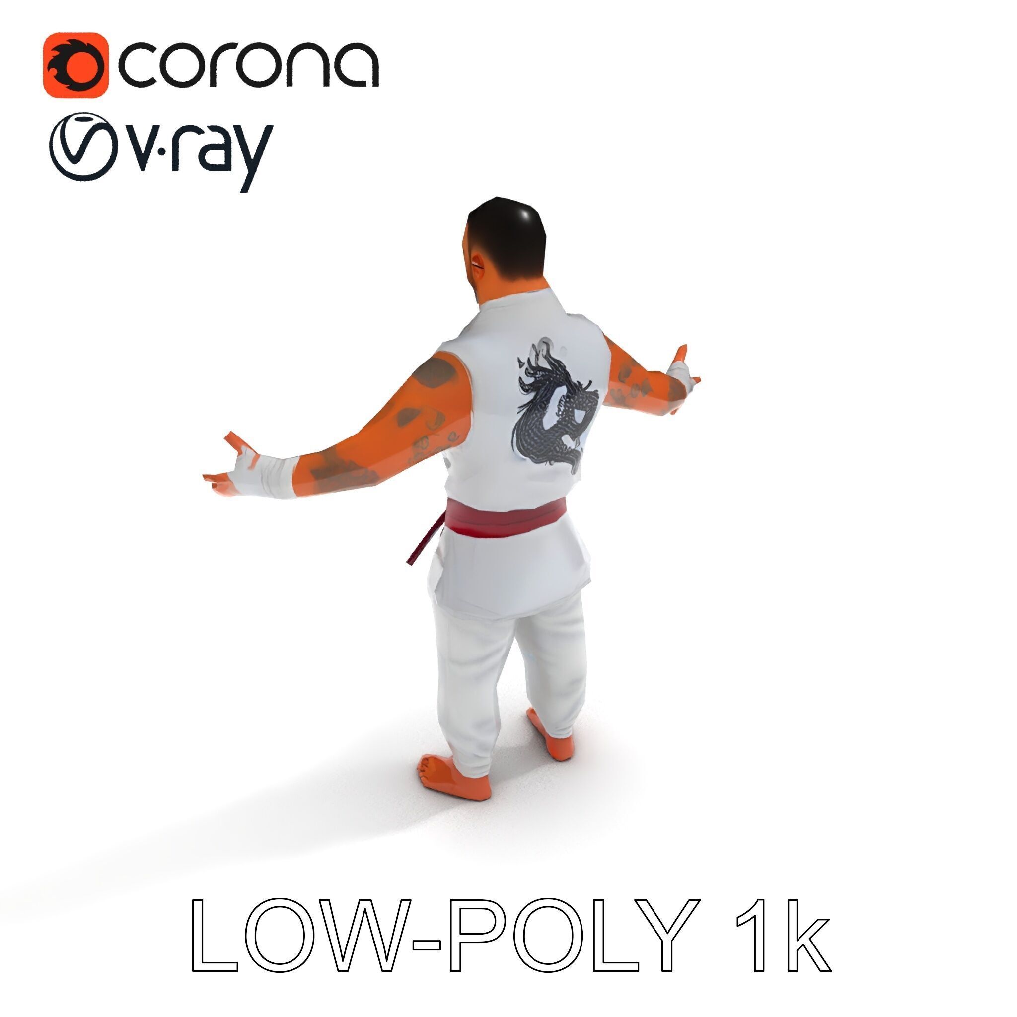 Martial Artist Fighter Character D Model with Dragon Tattoo Low-poly 3D model_34