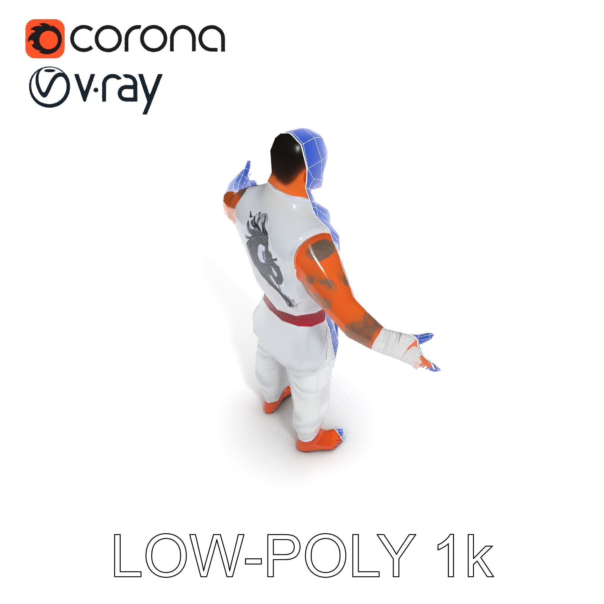 Martial Artist Fighter Character D Model with Dragon Tattoo Low-poly 3D model_9
