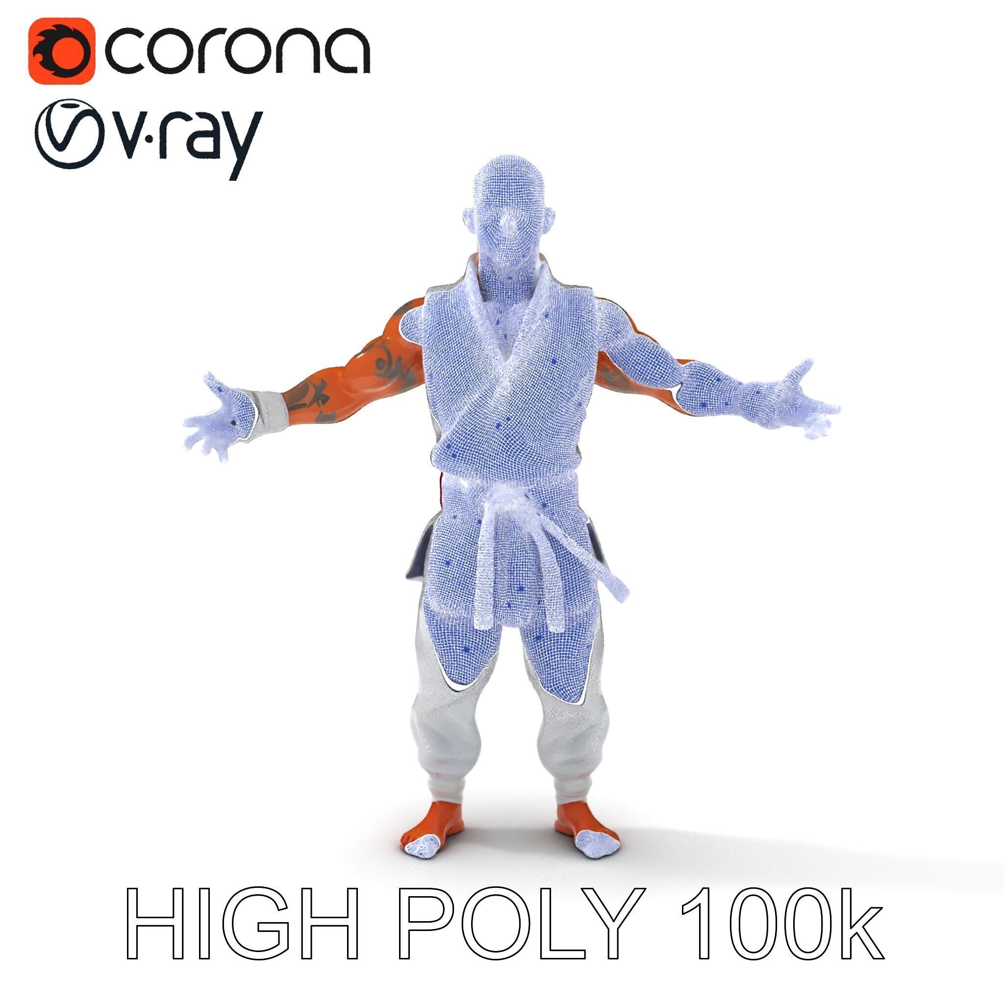 Martial Artist Fighter Character D Model with Dragon Tattoo Low-poly 3D model_13