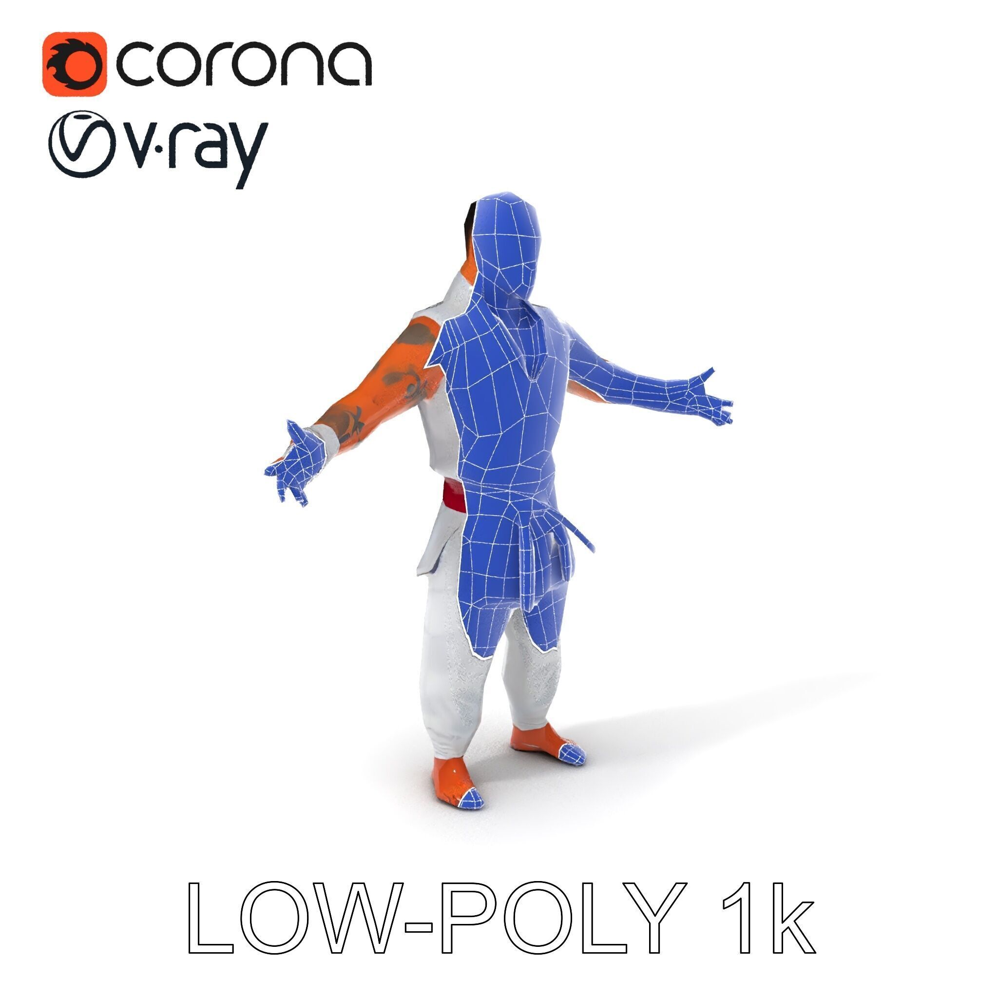 Martial Artist Fighter Character D Model with Dragon Tattoo Low-poly 3D model_7