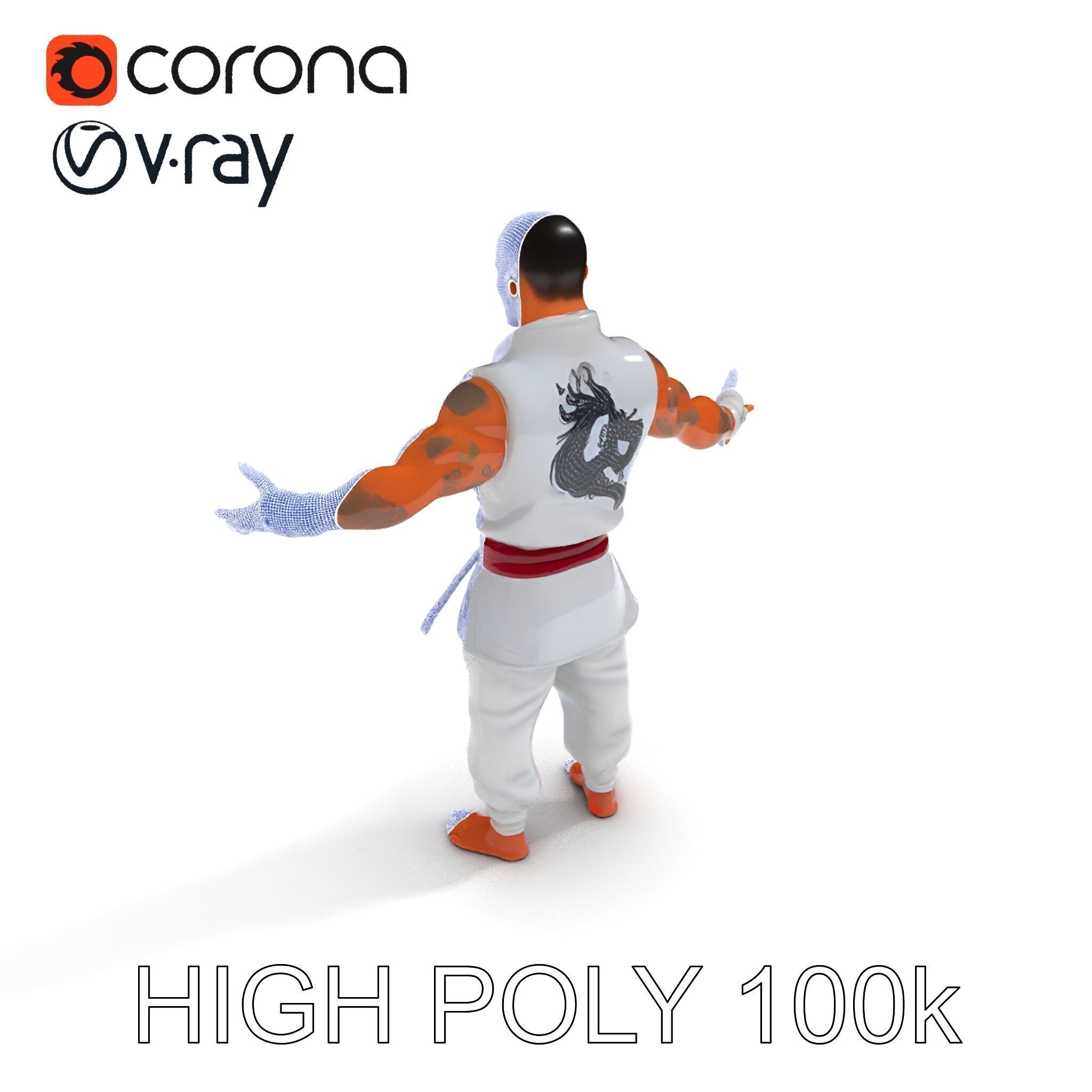Martial Artist Fighter Character D Model with Dragon Tattoo Low-poly 3D model_36