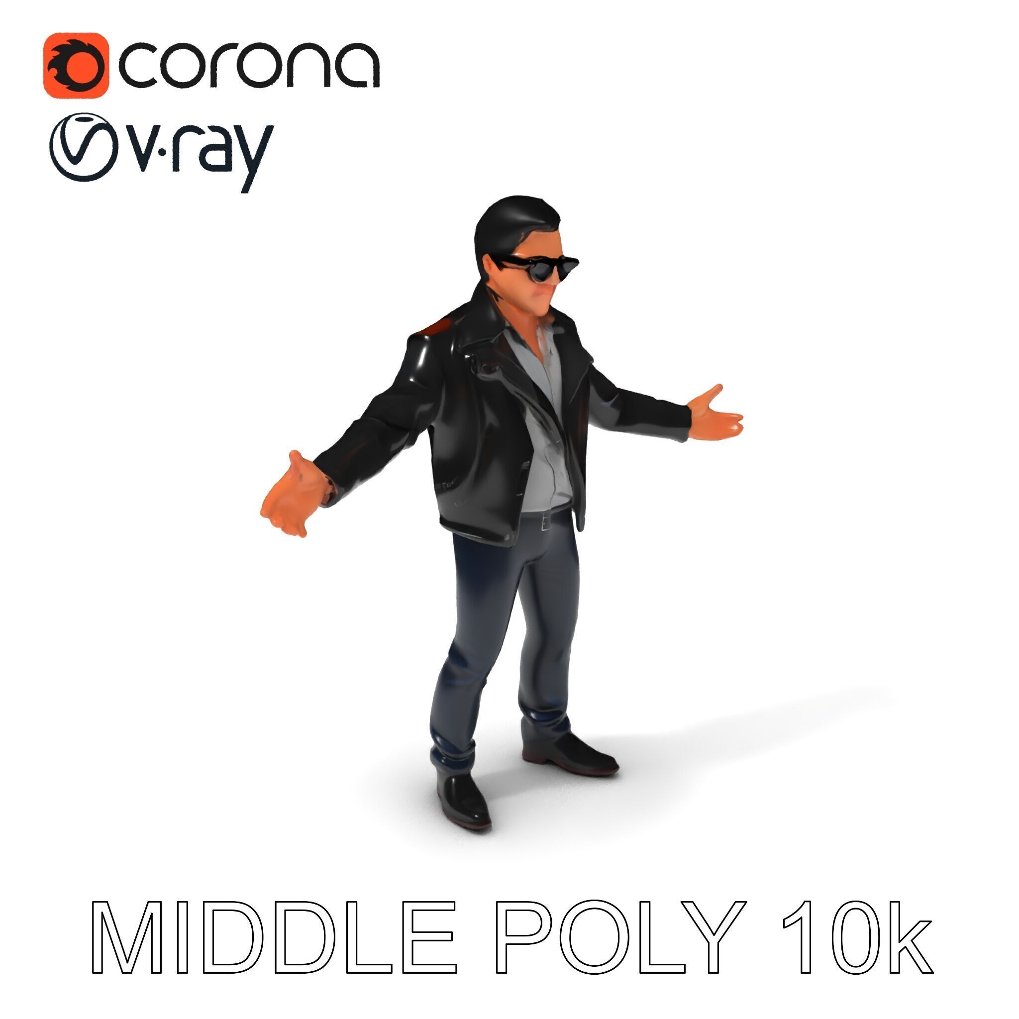 Cool Leather Jacket D Character in TPose with Sunglasses Low-poly 3D model_24