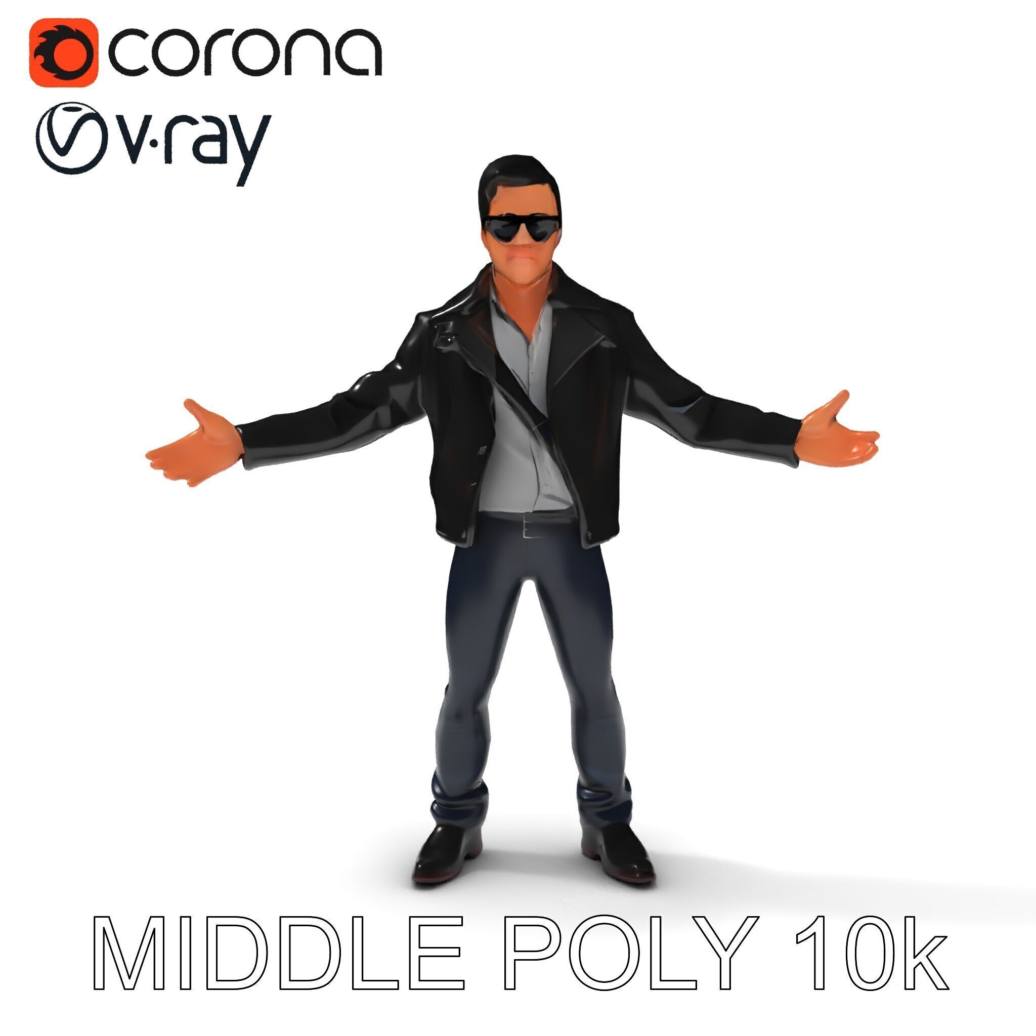 Cool Leather Jacket D Character in TPose with Sunglasses Low-poly 3D model_21