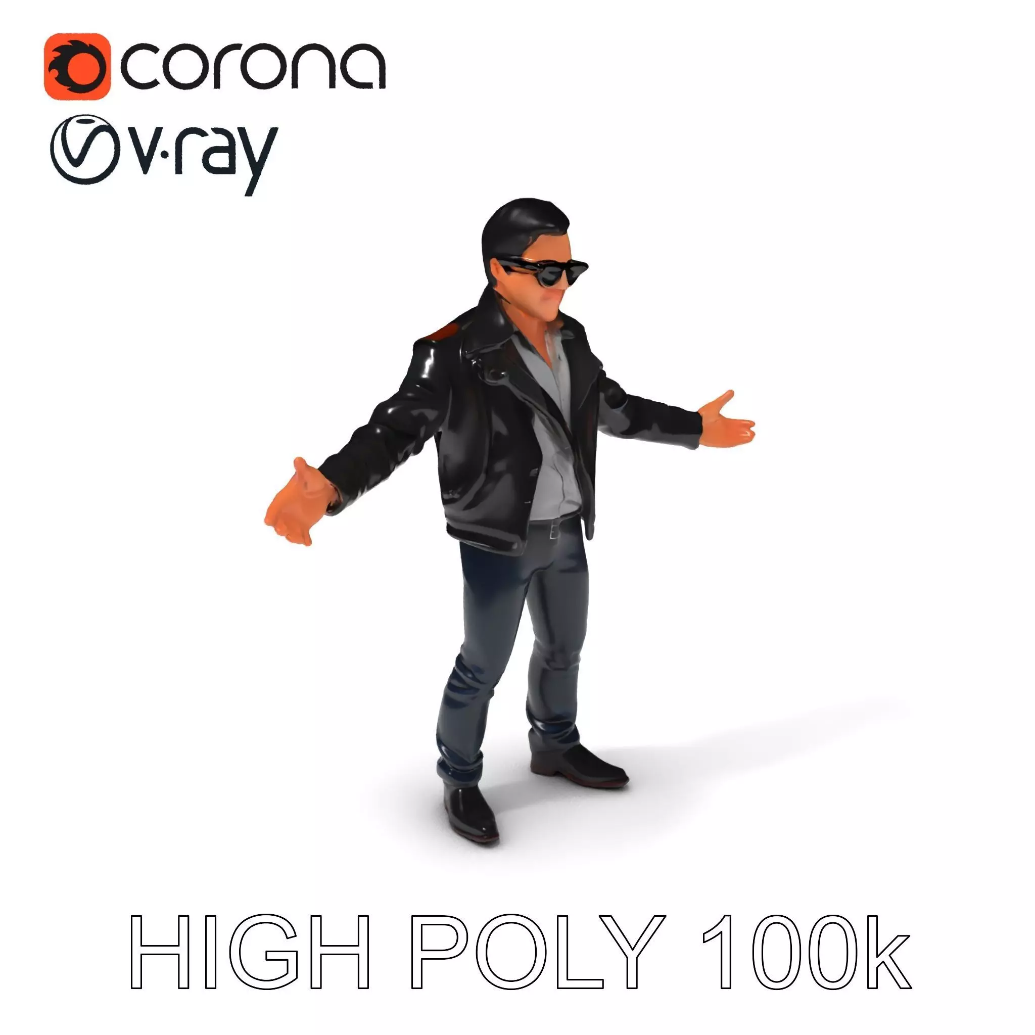 Cool Leather Jacket D Character in TPose with Sunglasses Low-poly 3D model_0