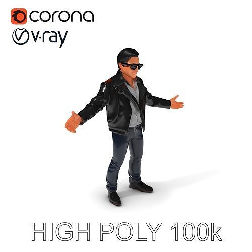 Cool Leather Jacket D Character in TPose with Sunglasses Low-poly 3D model