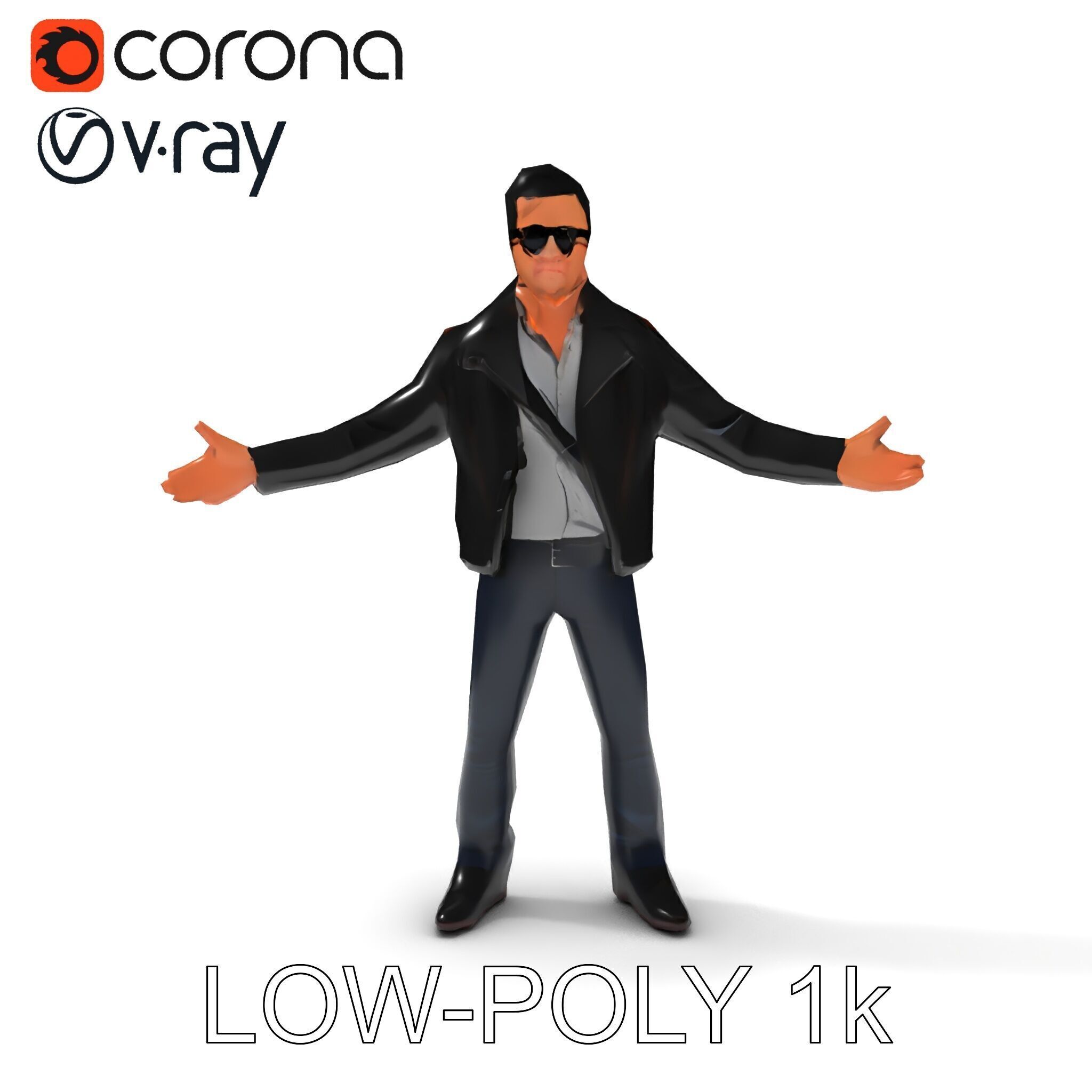 Cool Leather Jacket D Character in TPose with Sunglasses Low-poly 3D model_19