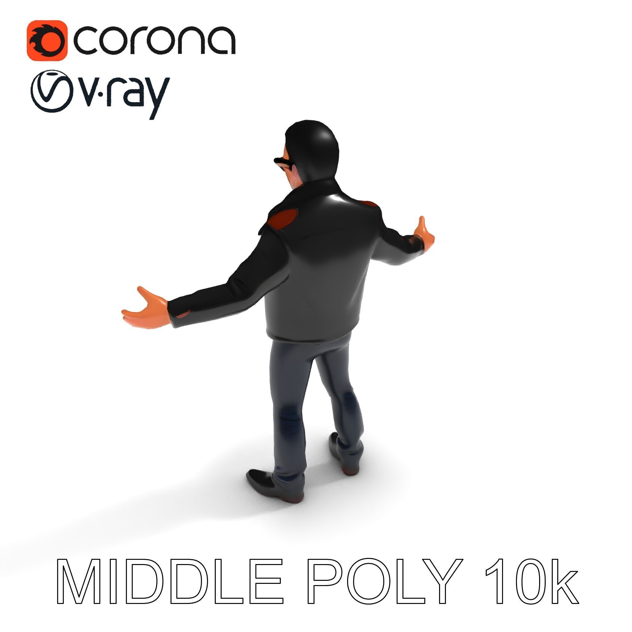 Cool Leather Jacket D Character in TPose with Sunglasses Low-poly 3D model_11