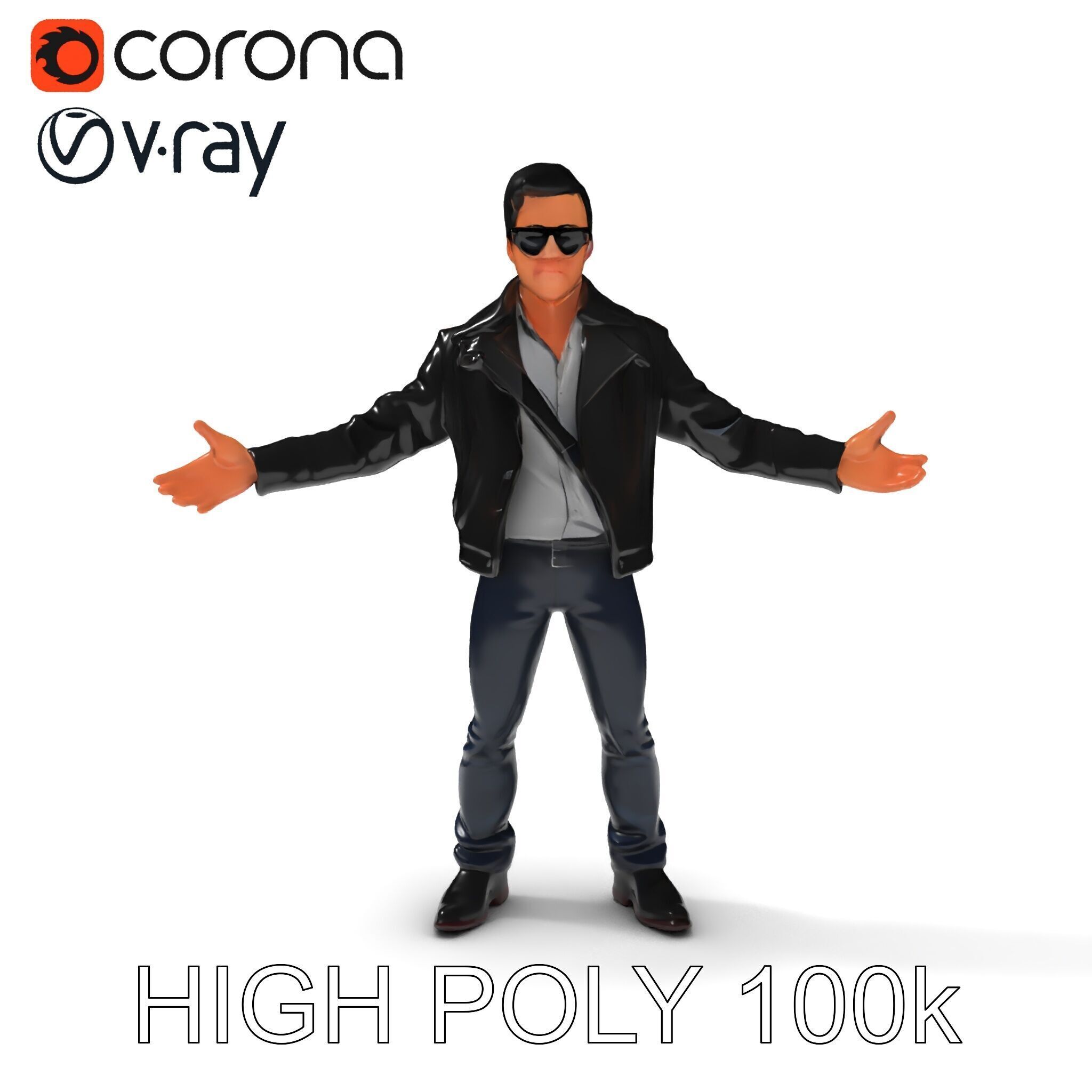 Cool Leather Jacket D Character in TPose with Sunglasses Low-poly 3D model_8