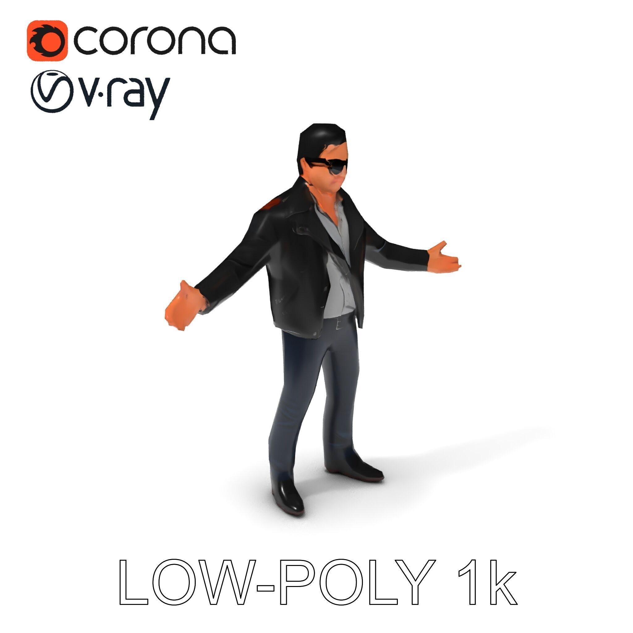 Cool Leather Jacket D Character in TPose with Sunglasses Low-poly 3D model_12