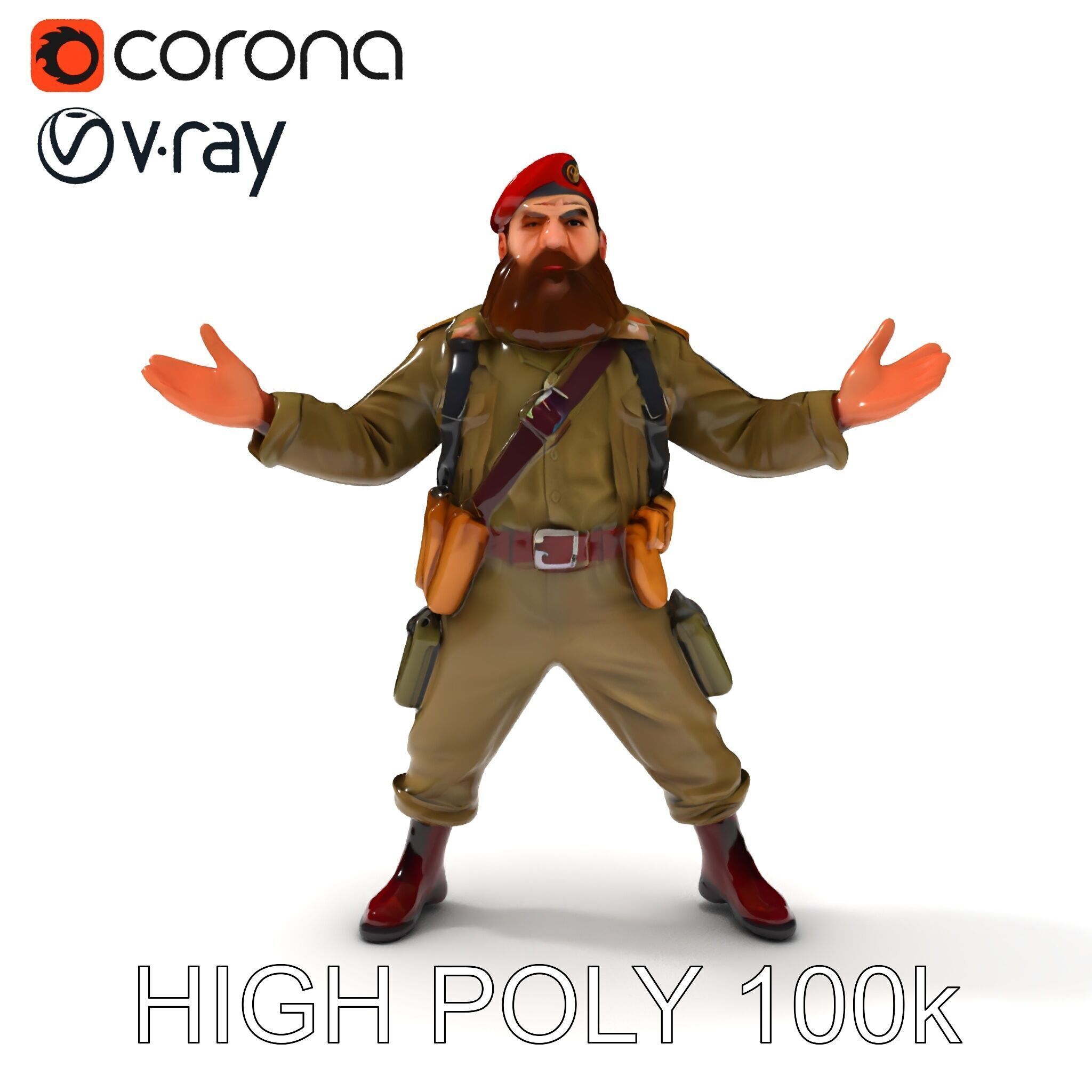 Bearded Soldier Character Model with Red Beret and Military Gear Low-poly 3D model_35