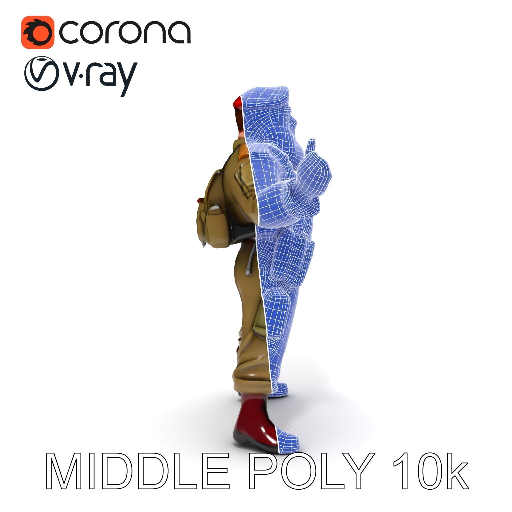 Bearded Soldier Character Model with Red Beret and Military Gear Low-poly 3D model_36