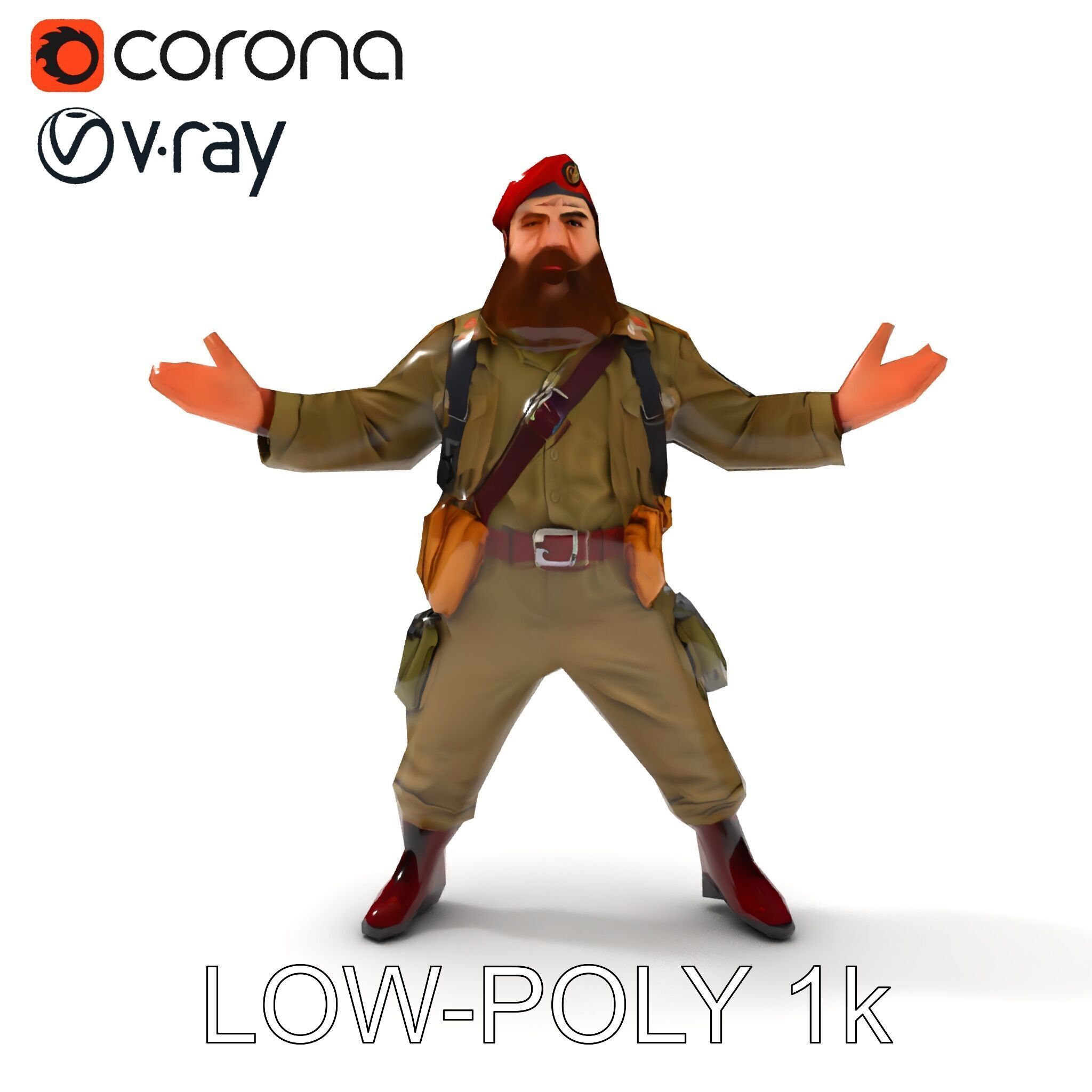 Bearded Soldier Character Model with Red Beret and Military Gear Low-poly 3D model_34
