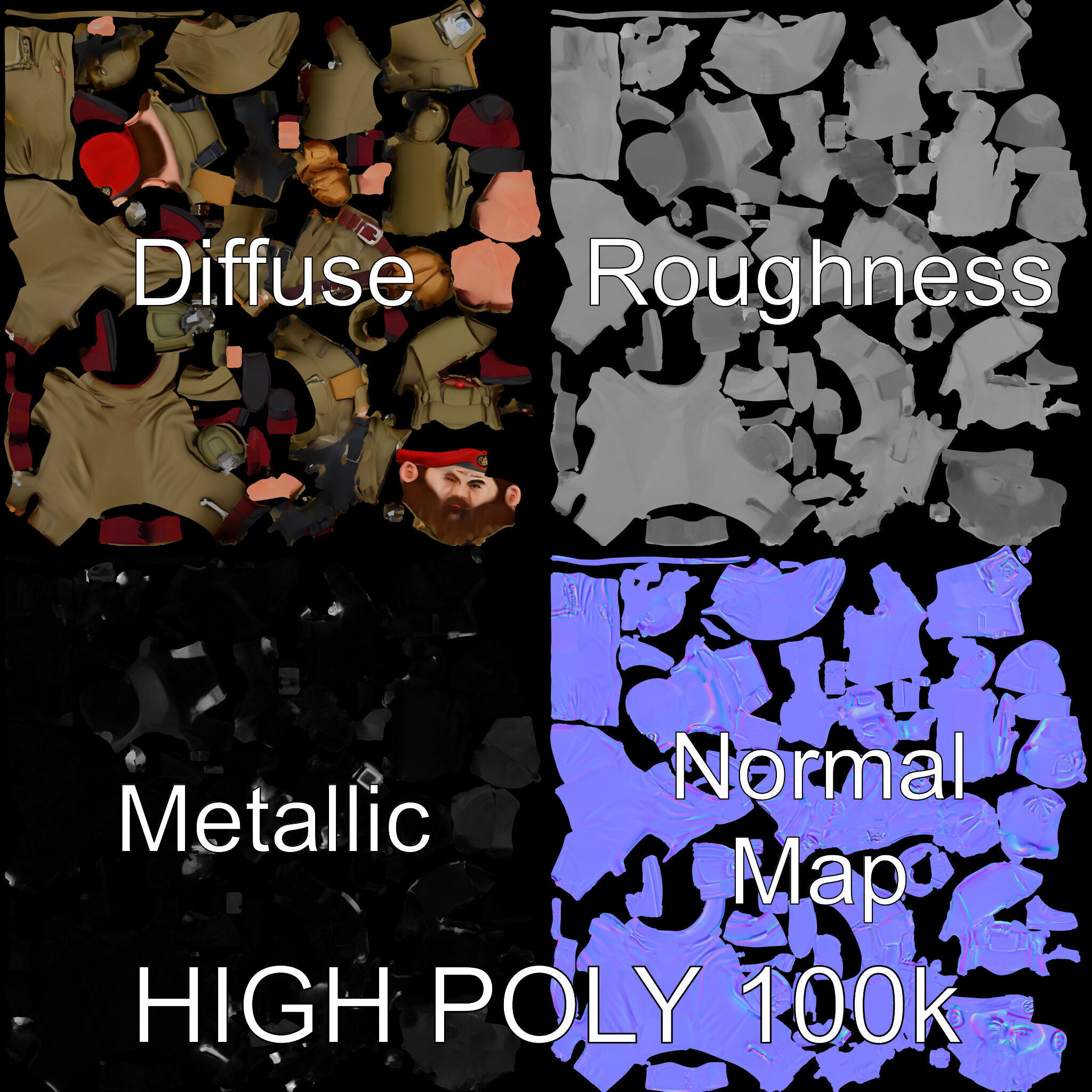 Bearded Soldier Character Model with Red Beret and Military Gear Low-poly 3D model_2