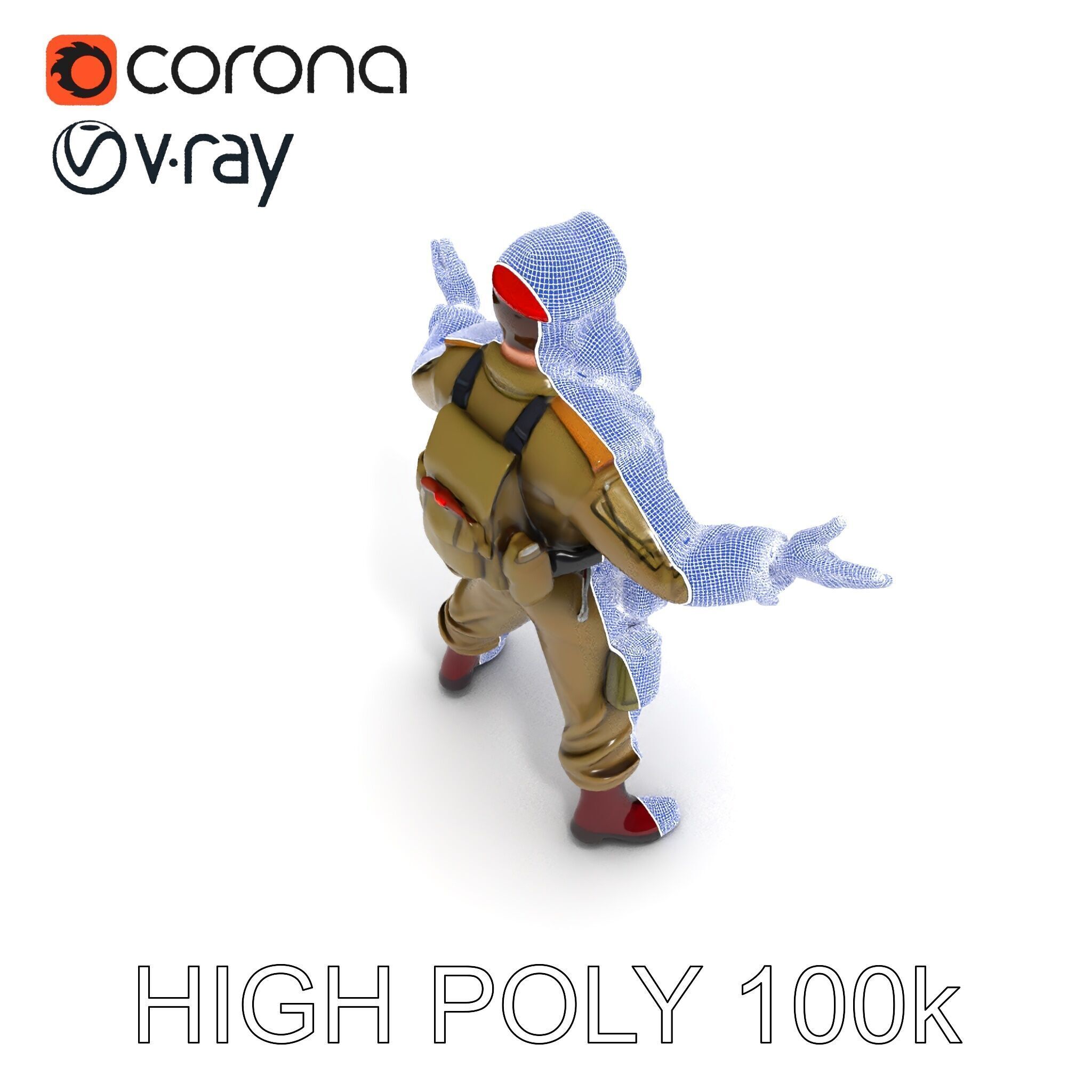 Bearded Soldier Character Model with Red Beret and Military Gear Low-poly 3D model_21