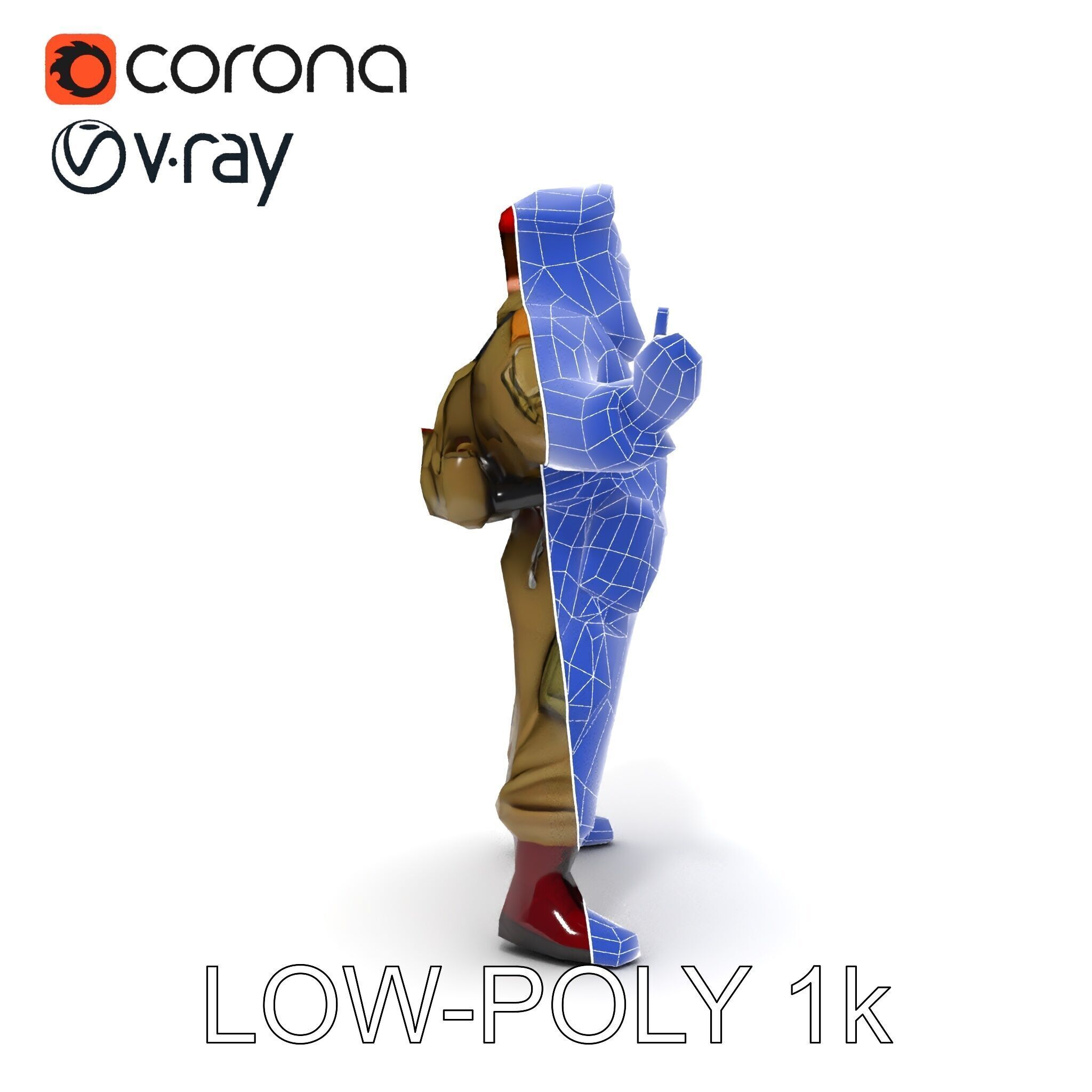 Bearded Soldier Character Model with Red Beret and Military Gear Low-poly 3D model_15