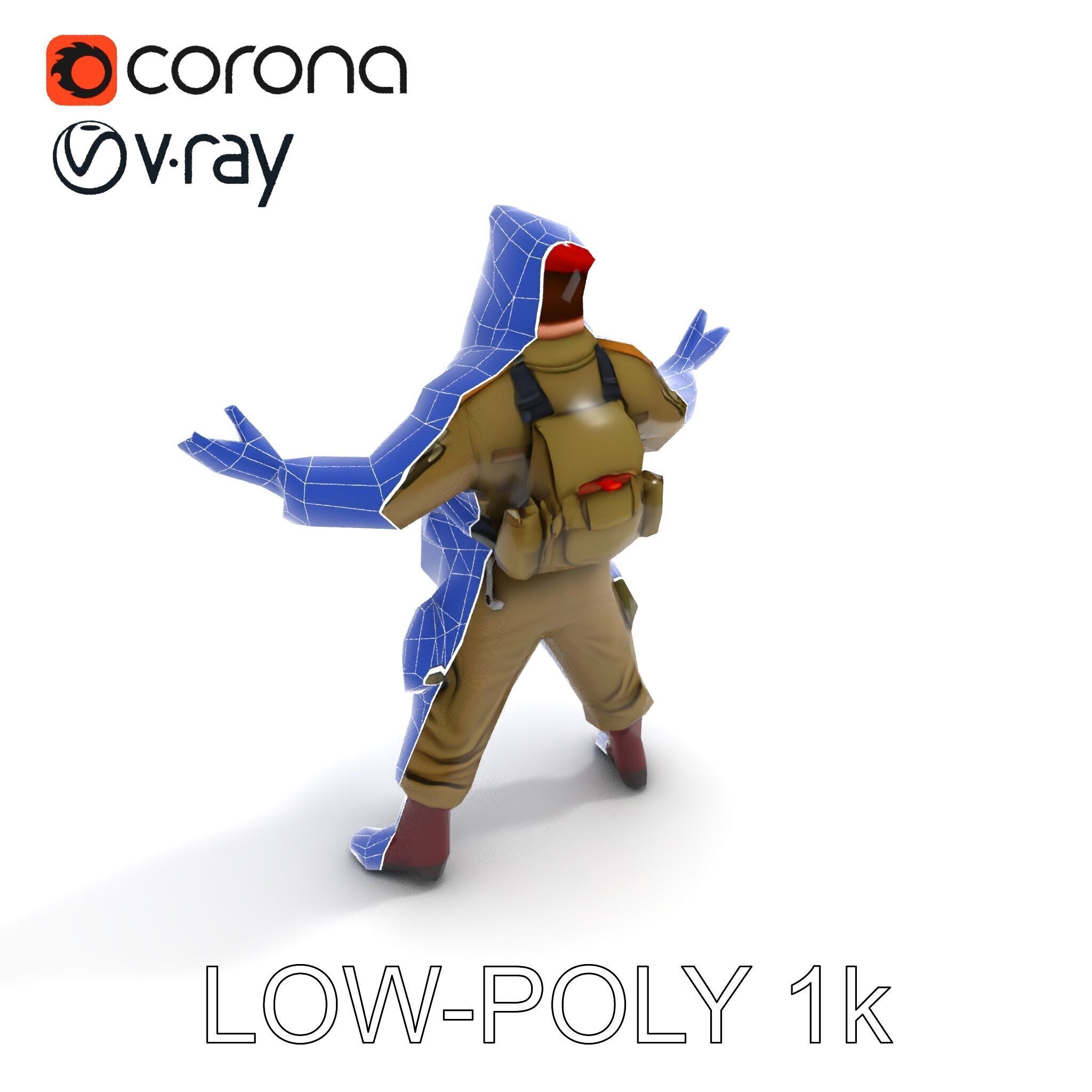Bearded Soldier Character Model with Red Beret and Military Gear Low-poly 3D model_7