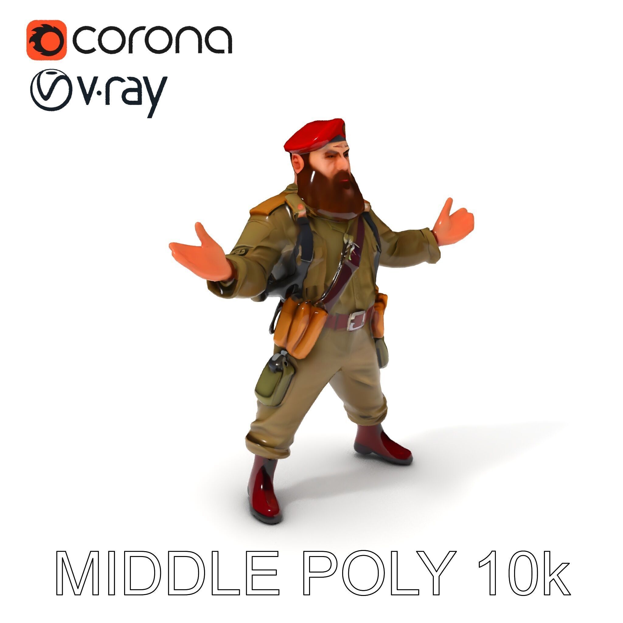 Bearded Soldier Character Model with Red Beret and Military Gear Low-poly 3D model_24