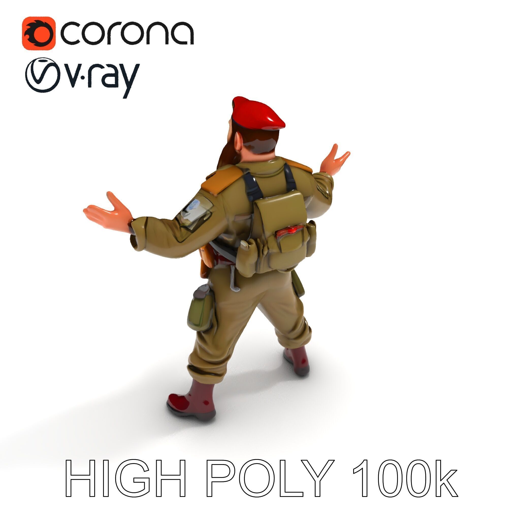 Bearded Soldier Character Model with Red Beret and Military Gear Low-poly 3D model_26