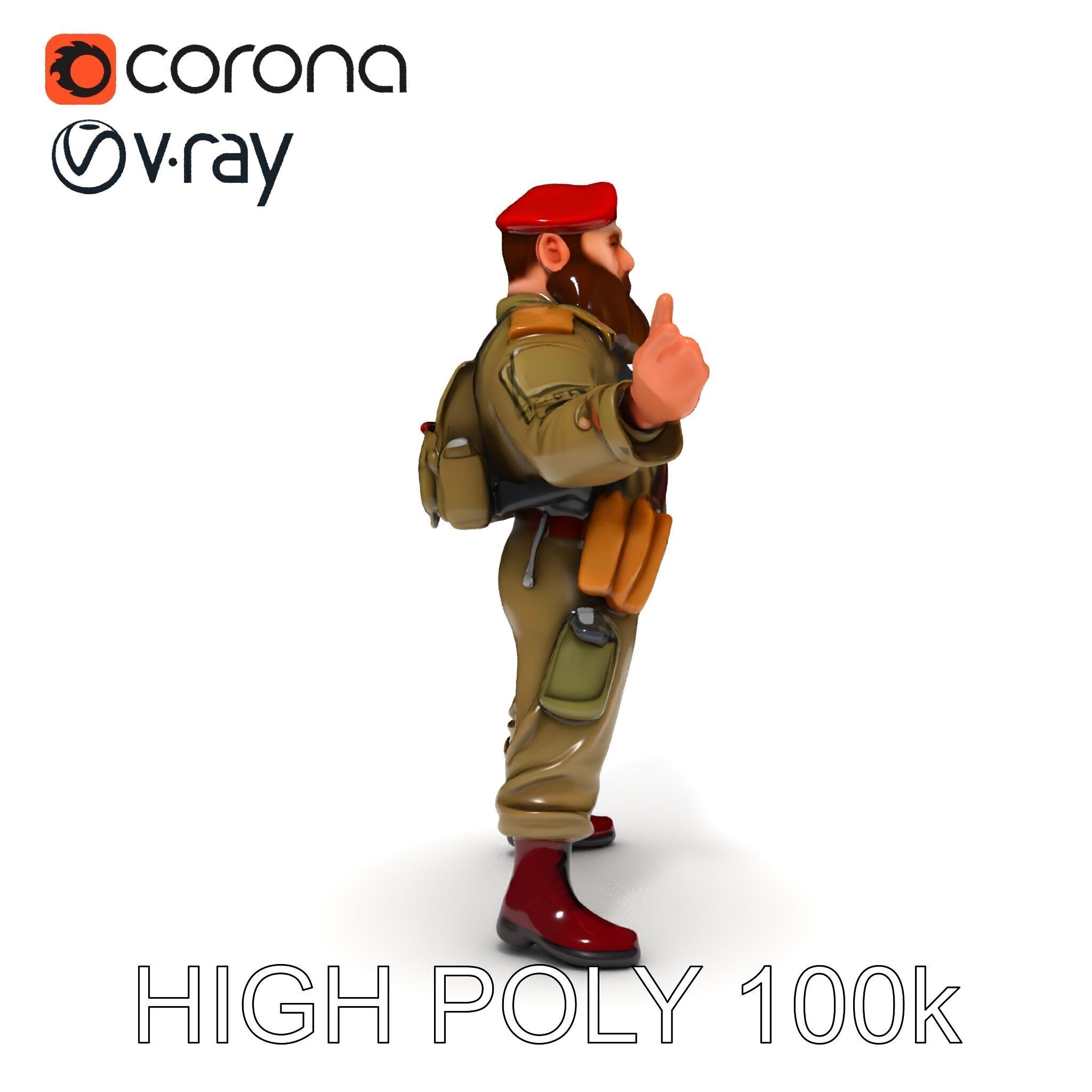 Bearded Soldier Character Model with Red Beret and Military Gear Low-poly 3D model_8
