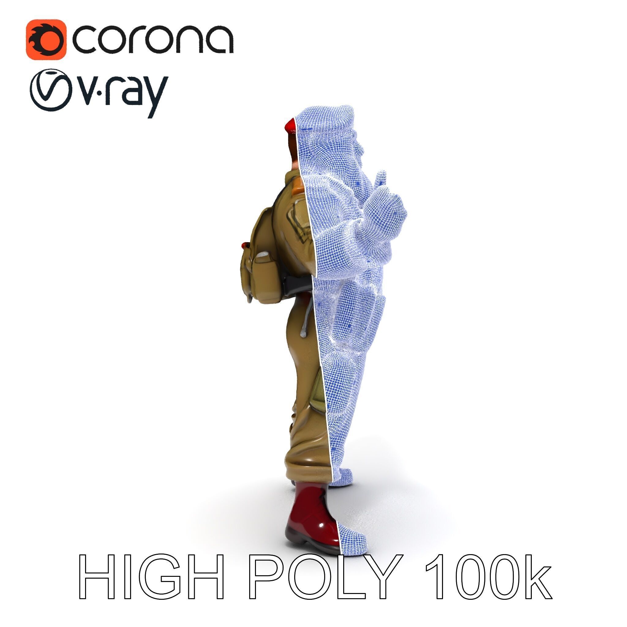 Bearded Soldier Character Model with Red Beret and Military Gear Low-poly 3D model_11