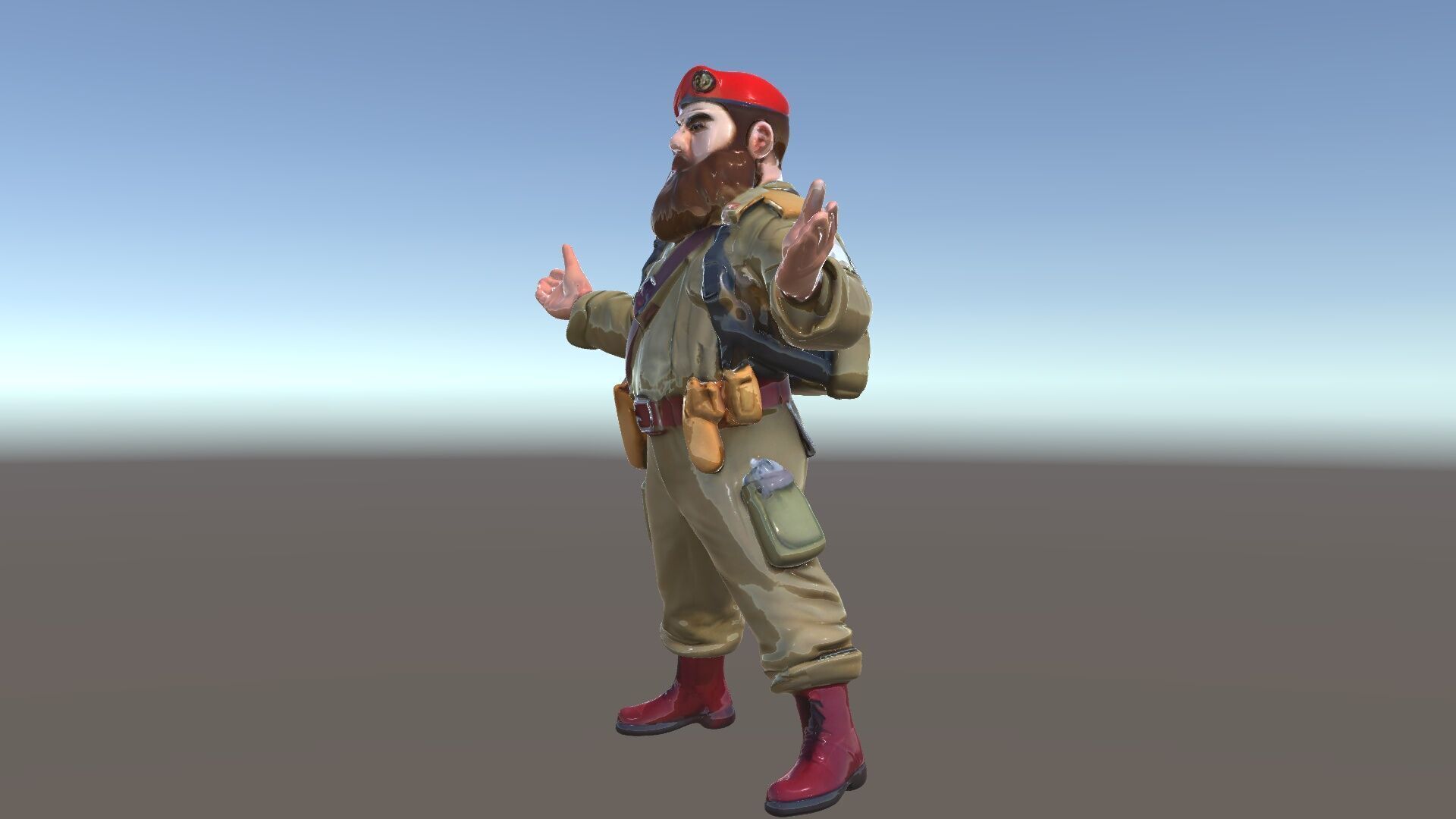 Bearded Soldier Character Model with Red Beret and Military Gear Low-poly 3D model_5
