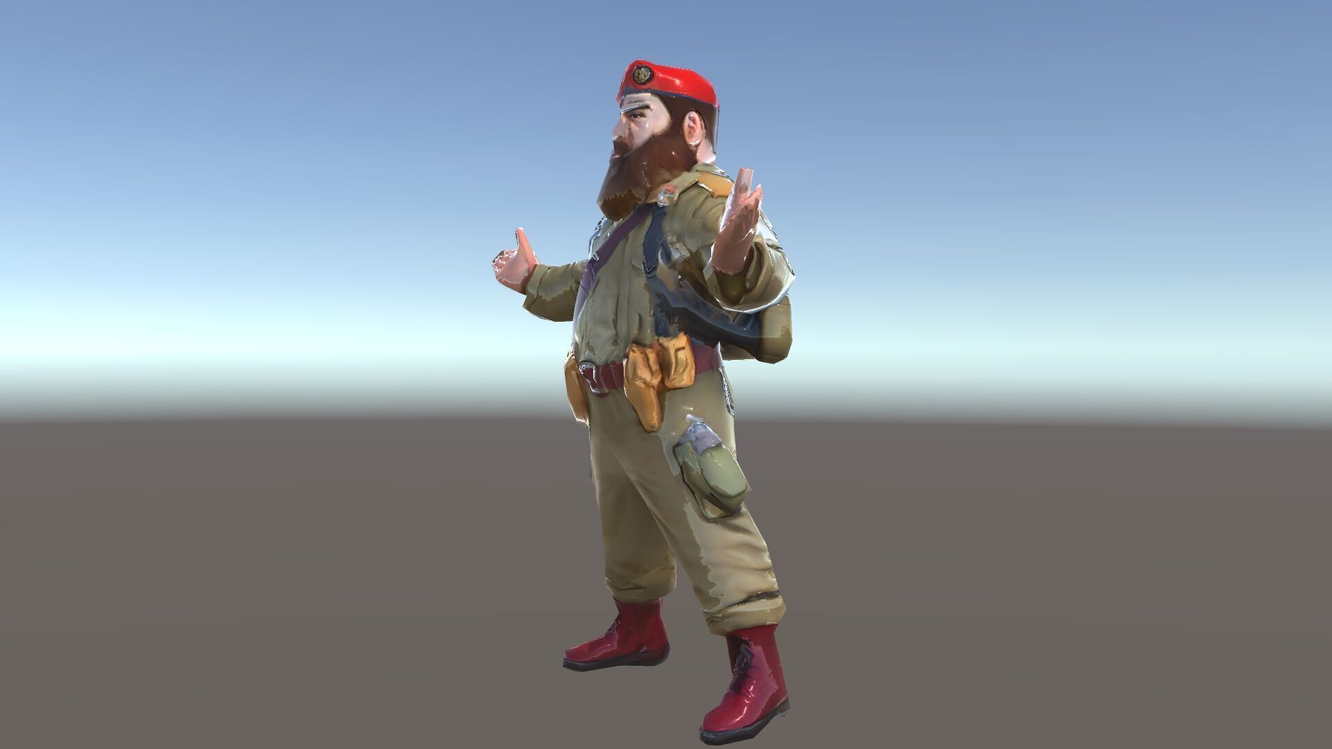 Bearded Soldier Character Model with Red Beret and Military Gear Low-poly 3D model_13