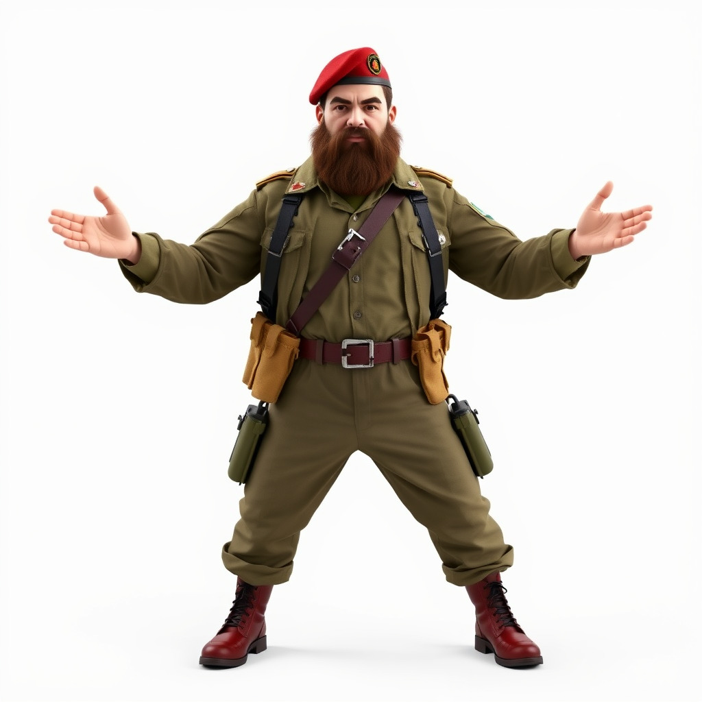 Bearded Soldier Character Model with Red Beret and Military Gear Low-poly 3D model_4