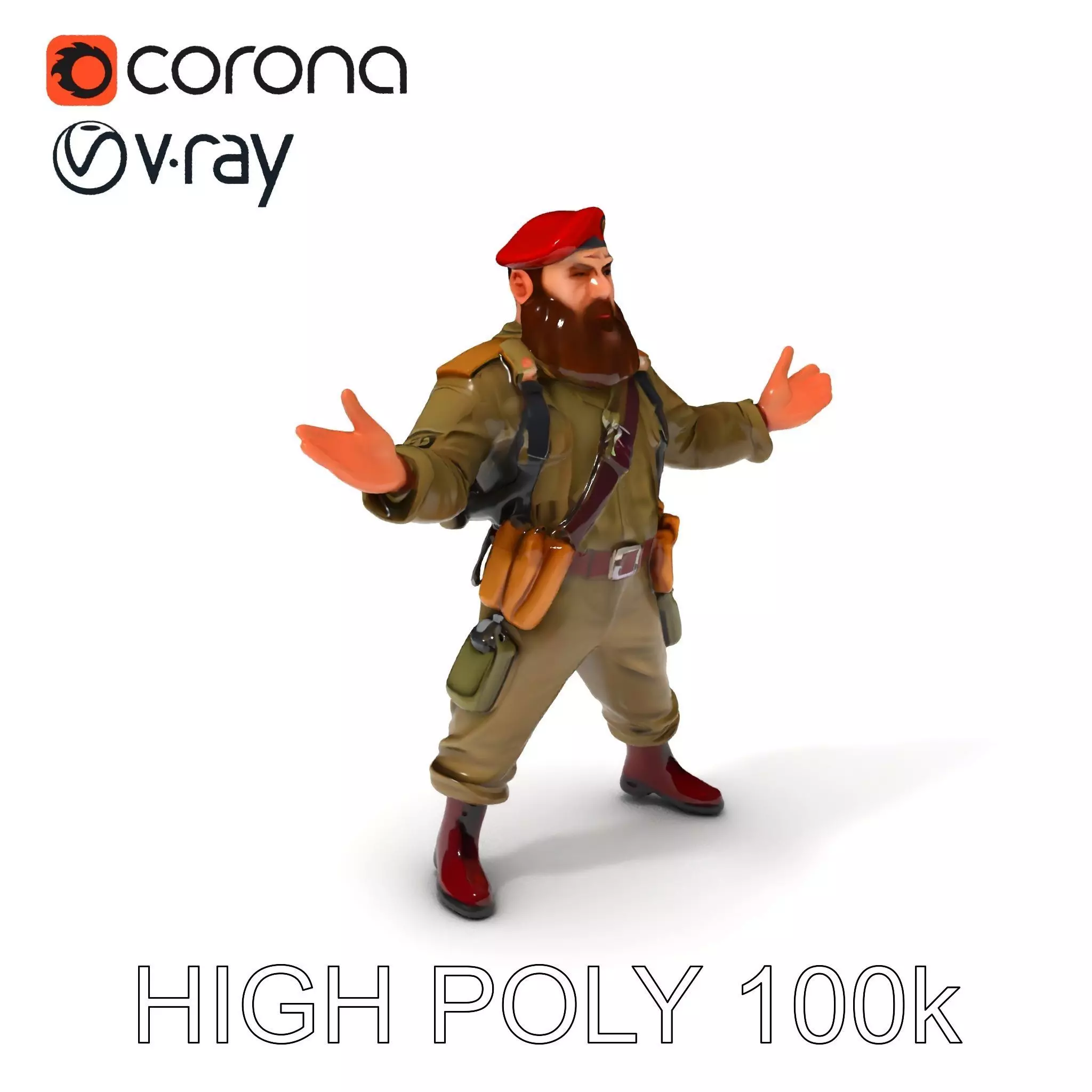 Bearded Soldier Character Model with Red Beret and Military Gear Low-poly 3D model_0